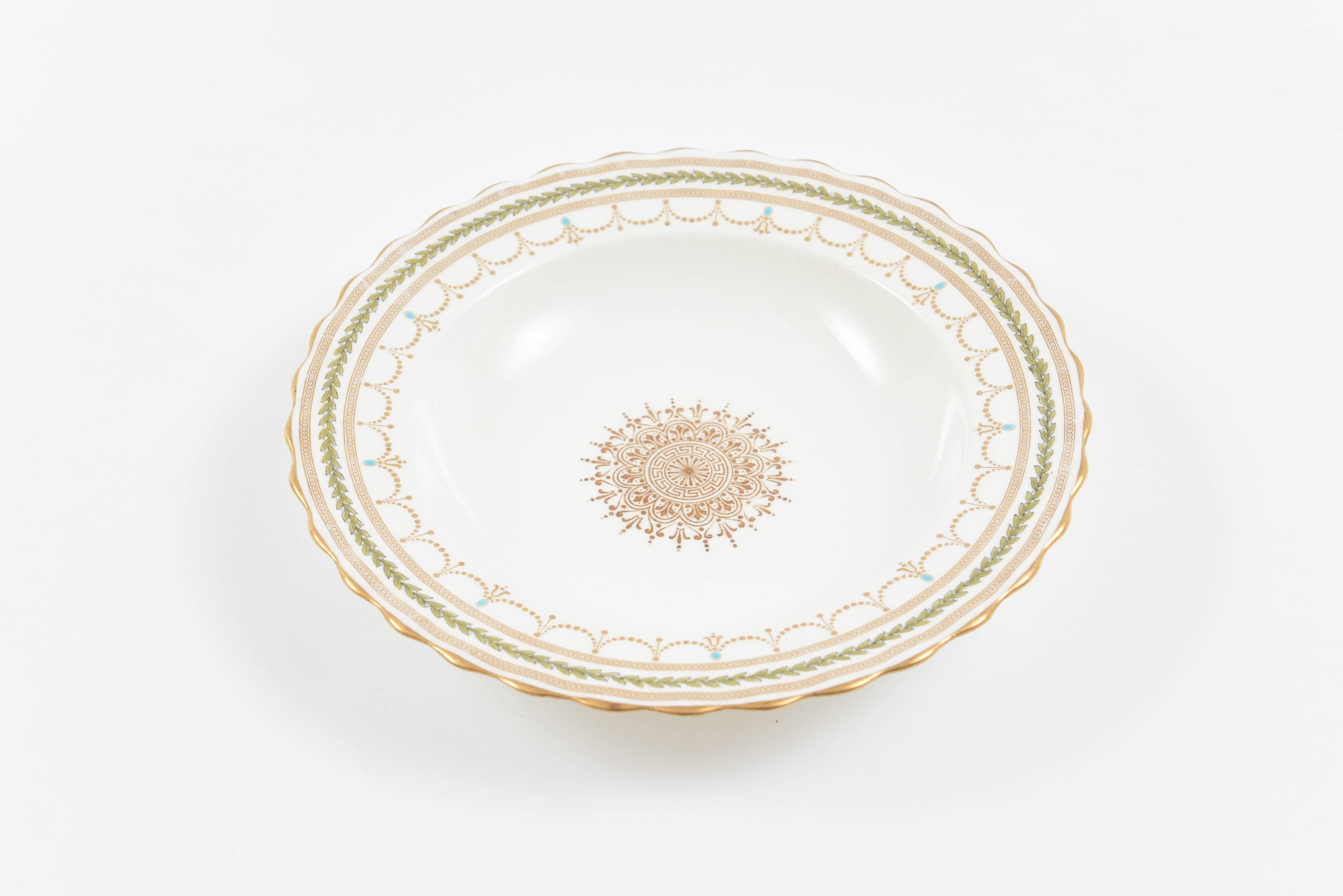 Hand-Crafted 12 Antique English Soup Bowls, Rimmed with Center Medallion Hand Enameling