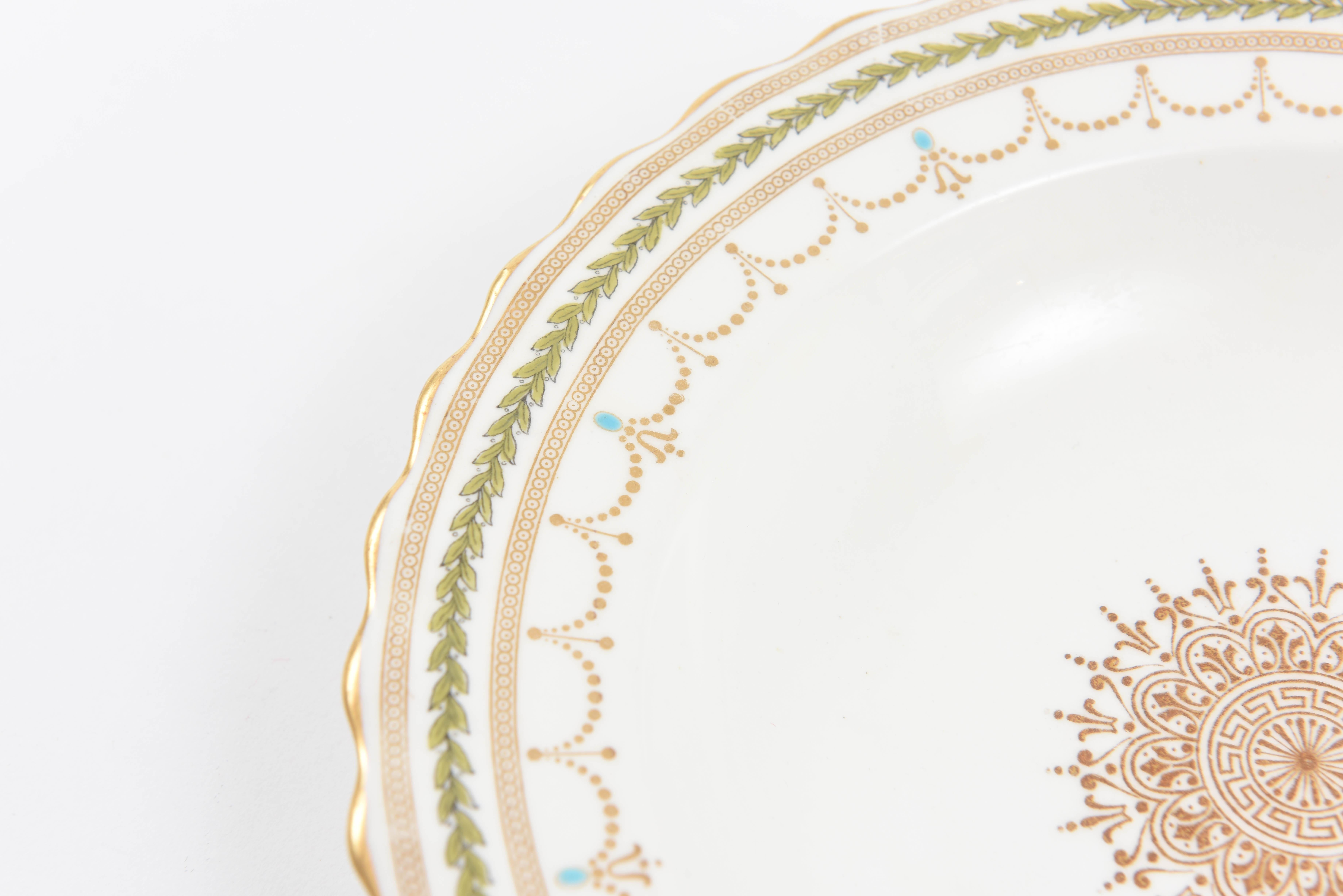 Early 20th Century 12 Antique English Soup Bowls, Rimmed with Center Medallion Hand Enameling