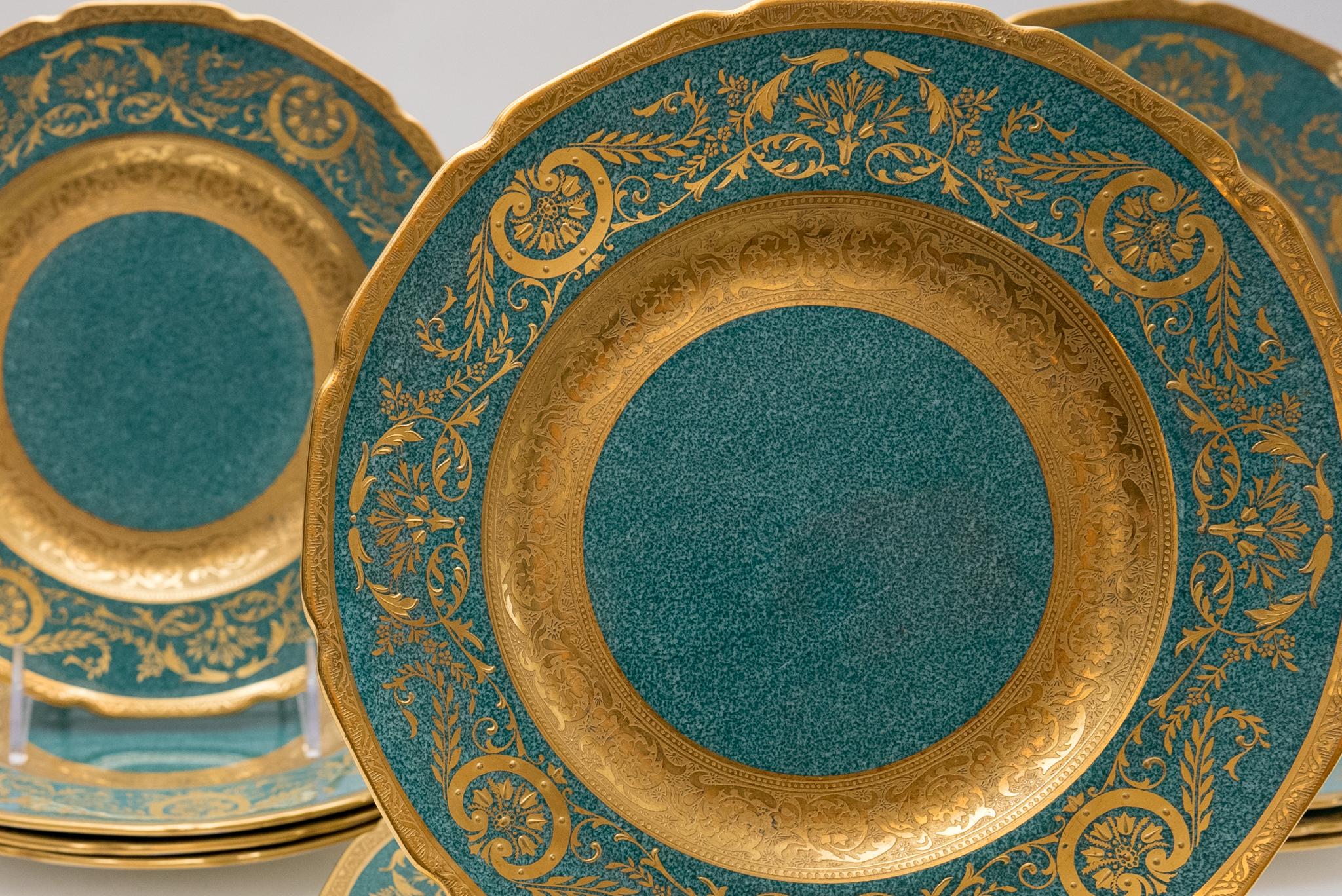 12 Antique English Turquoise Green Custom Ordered Dessert or Salad Plates In Good Condition In West Palm Beach, FL