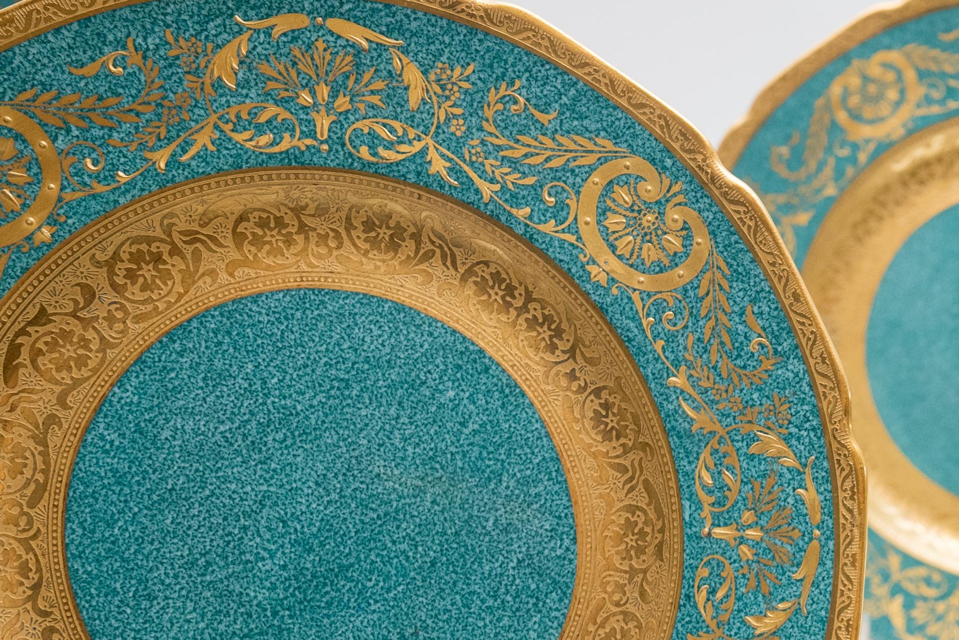 Early 20th Century 12 Antique English Turquoise Green Custom Ordered Dessert or Salad Plates