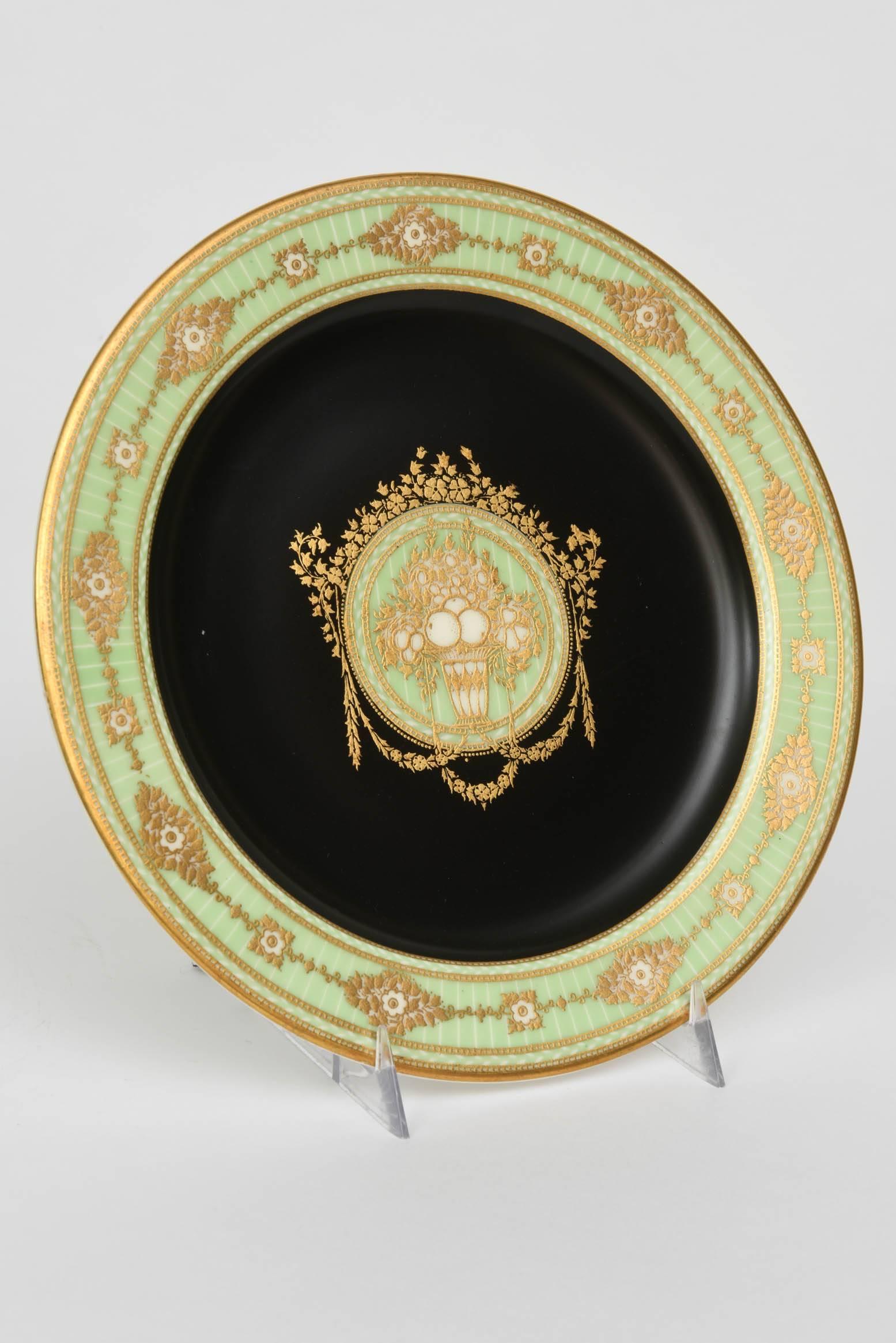 Hand-Crafted 12 Antique Green and Black Rare Unique Embossed Gilt Dessert or Cabinet Plates