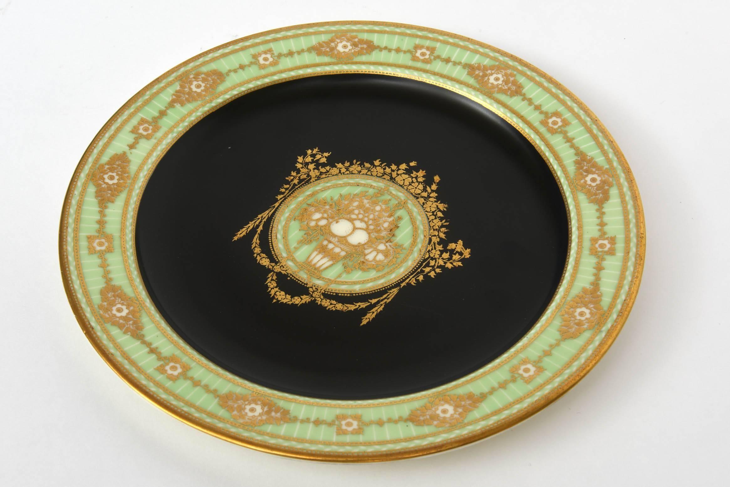 12 Antique Green and Black Rare Unique Embossed Gilt Dessert or Cabinet Plates In Good Condition In West Palm Beach, FL