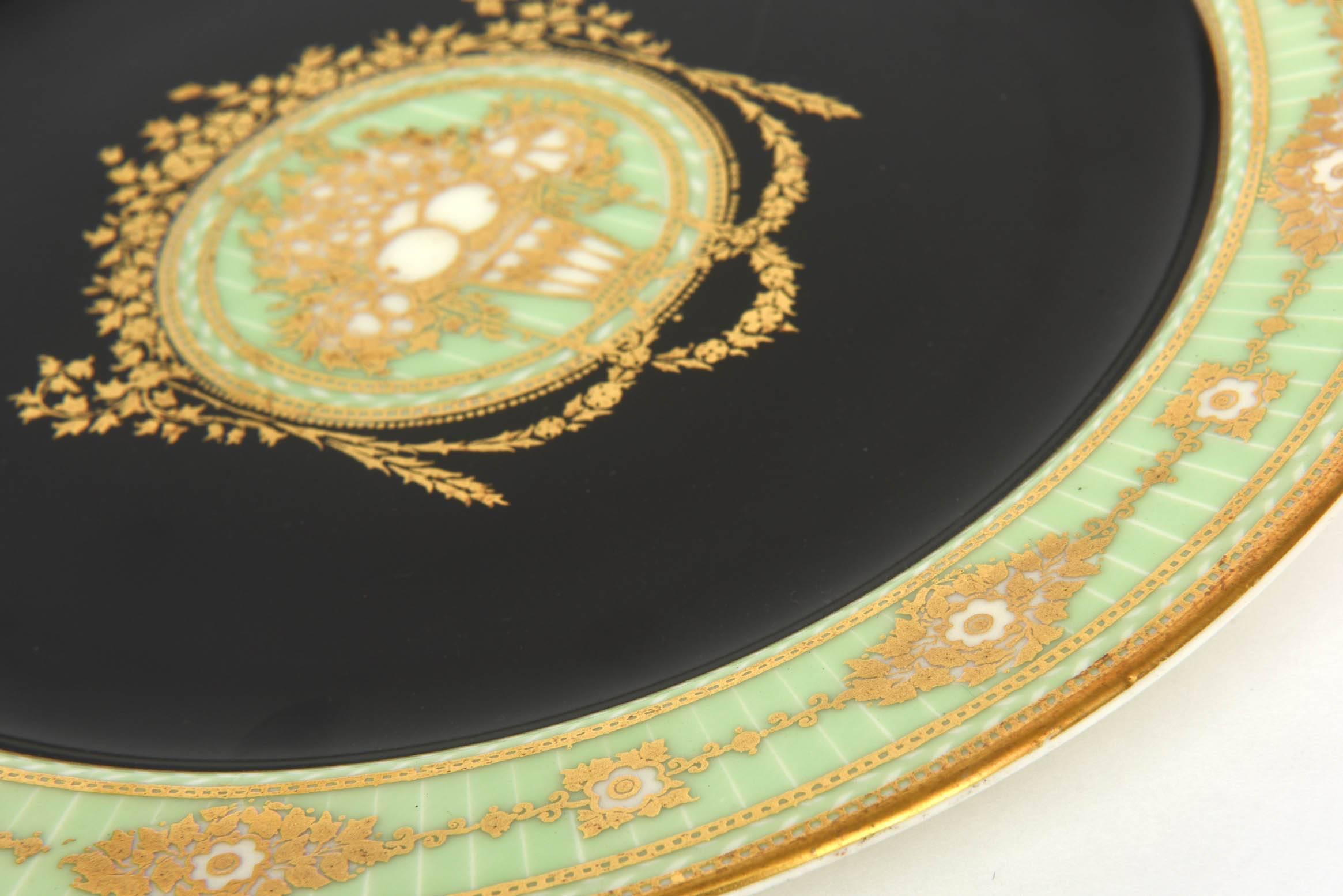 Early 20th Century 12 Antique Green and Black Rare Unique Embossed Gilt Dessert or Cabinet Plates