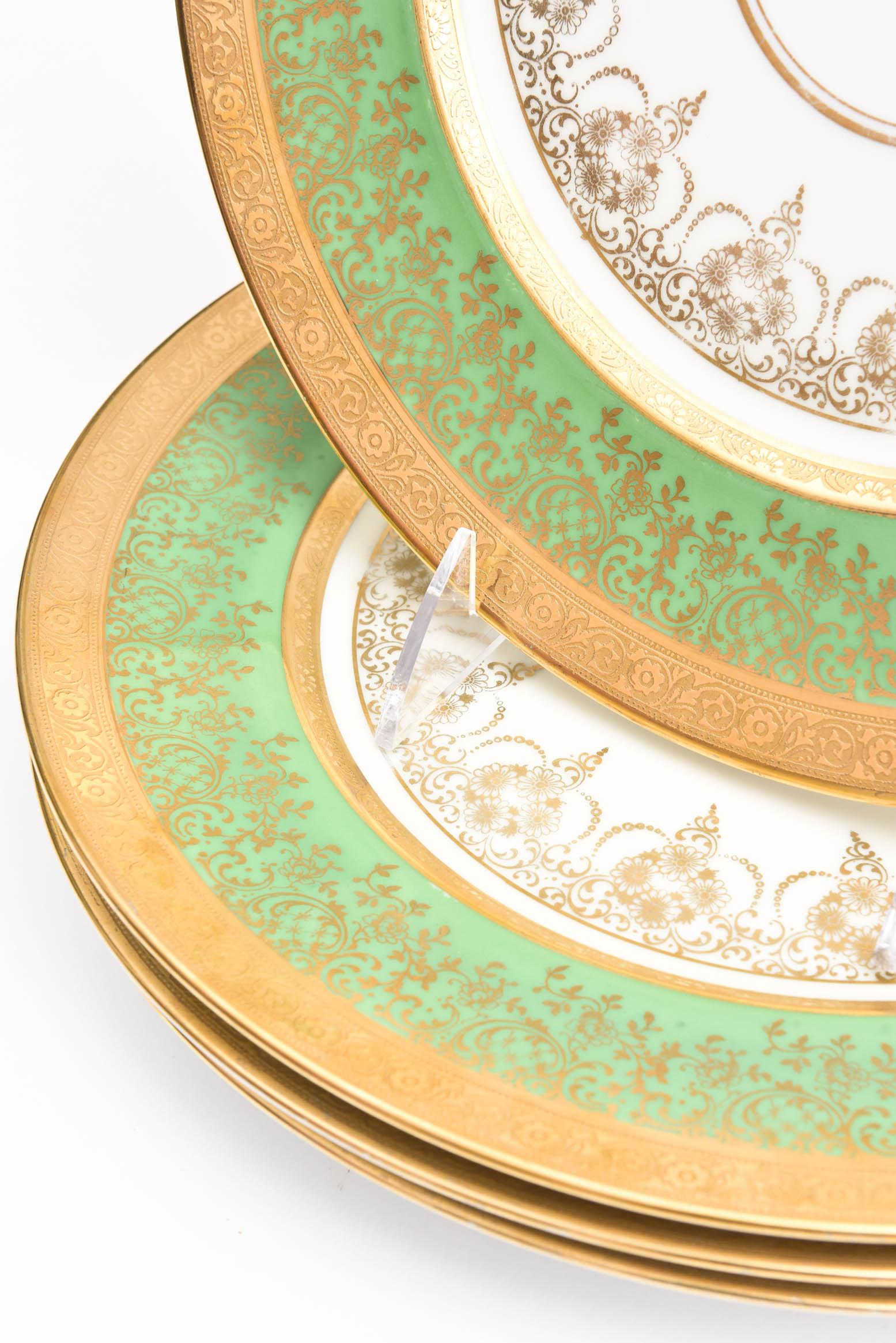 Baroque 12 Antique Green and Gilt Encrusted Service or Presentation Plates