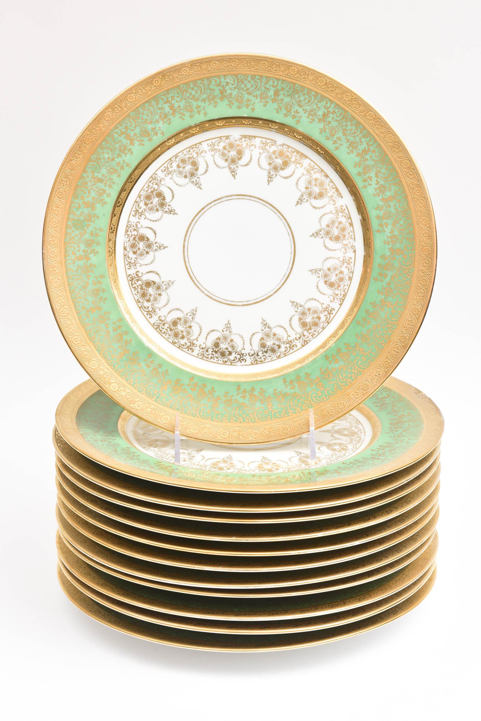 German 12 Antique Green and Gilt Encrusted Service or Presentation Plates