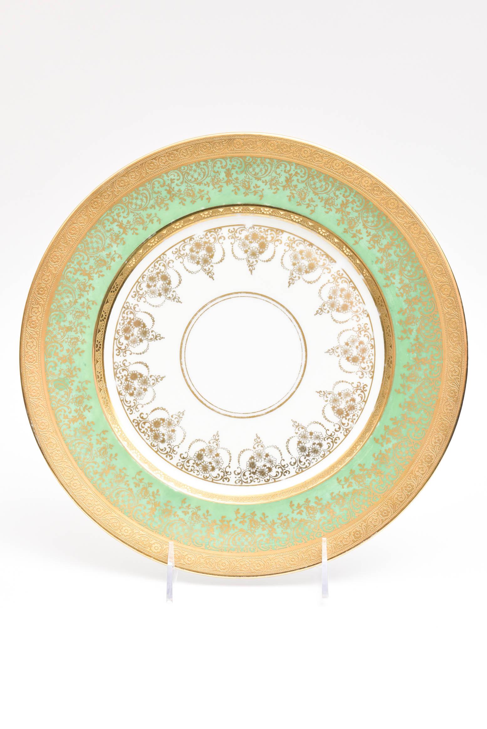 Hand-Crafted 12 Antique Green and Gilt Encrusted Service or Presentation Plates