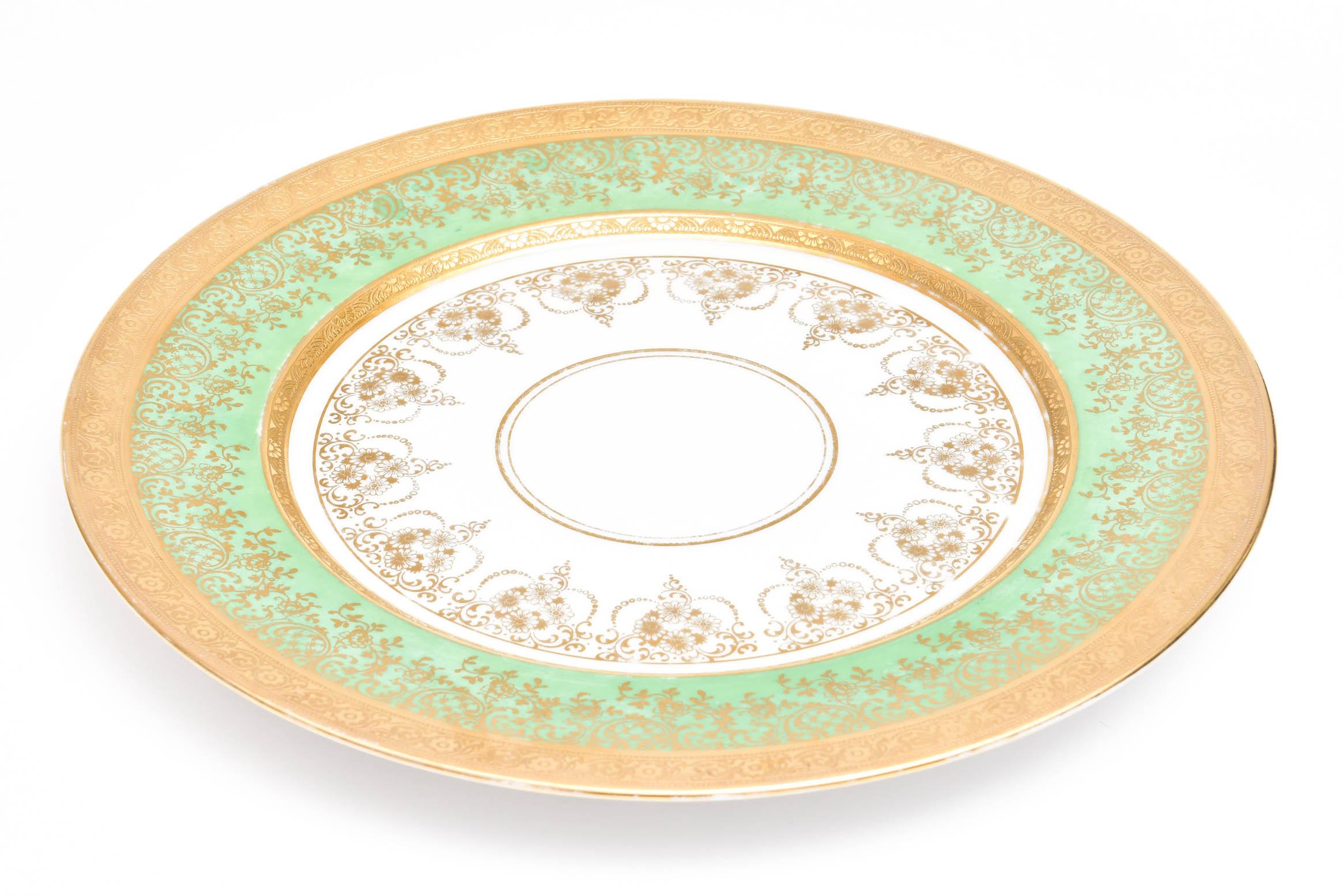 Gold 12 Antique Green and Gilt Encrusted Service or Presentation Plates
