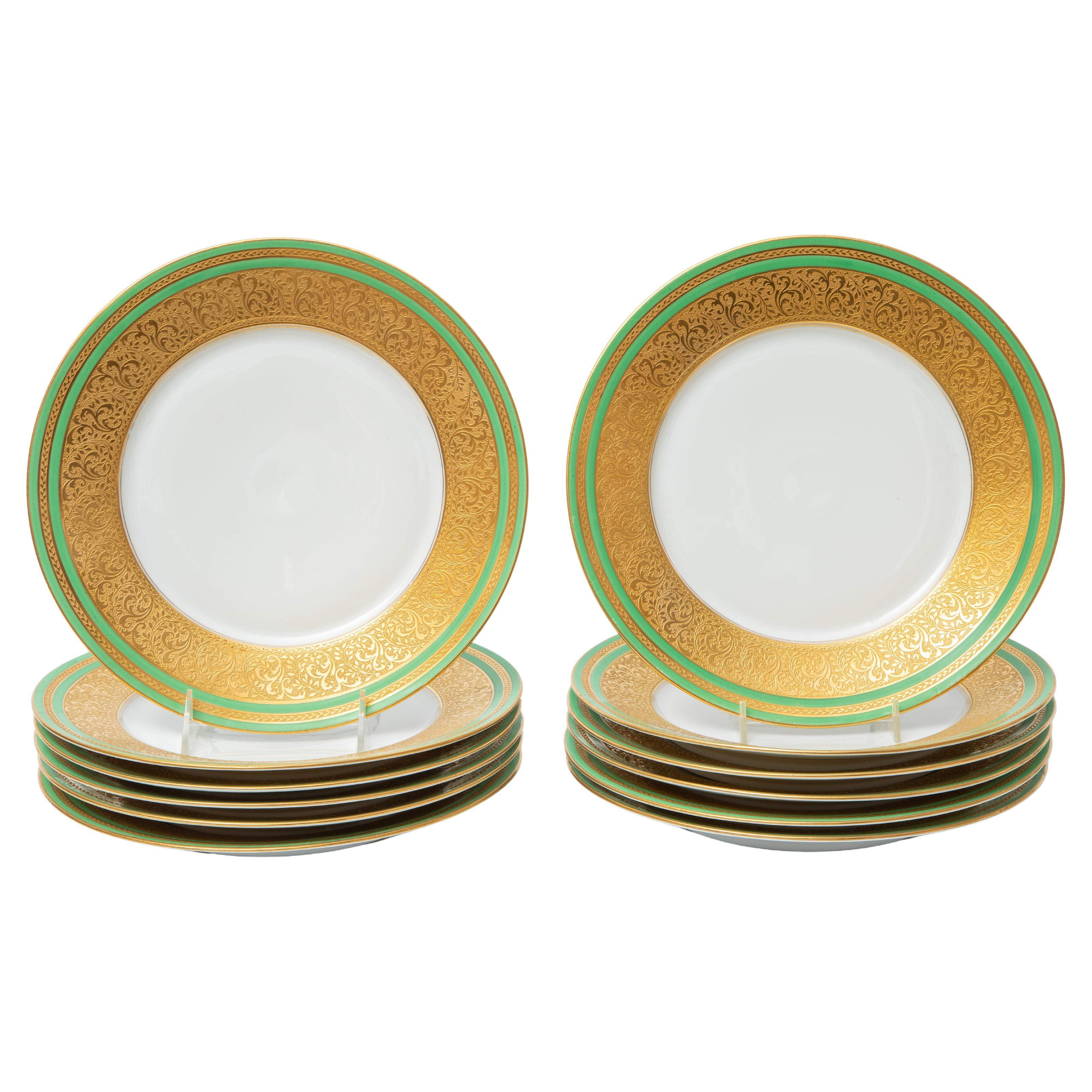 12 Antique Green & Gilt Encrusted Dinner Plates. Bavarian Circa 1920
