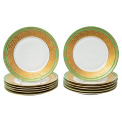12 Antique Green & Gilt Encrusted Dinner Plates. Bavarian Circa 1920