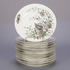 12 Antique Hand-Painted, Enameled and Gilt Dinner Plates, Garden Motif