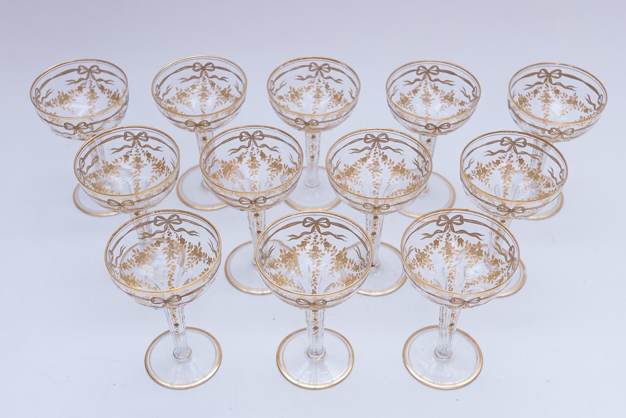 French 12 Antique Hollow Stem Champagne Coupes, Raised Gilding Throughout, Cut Stem