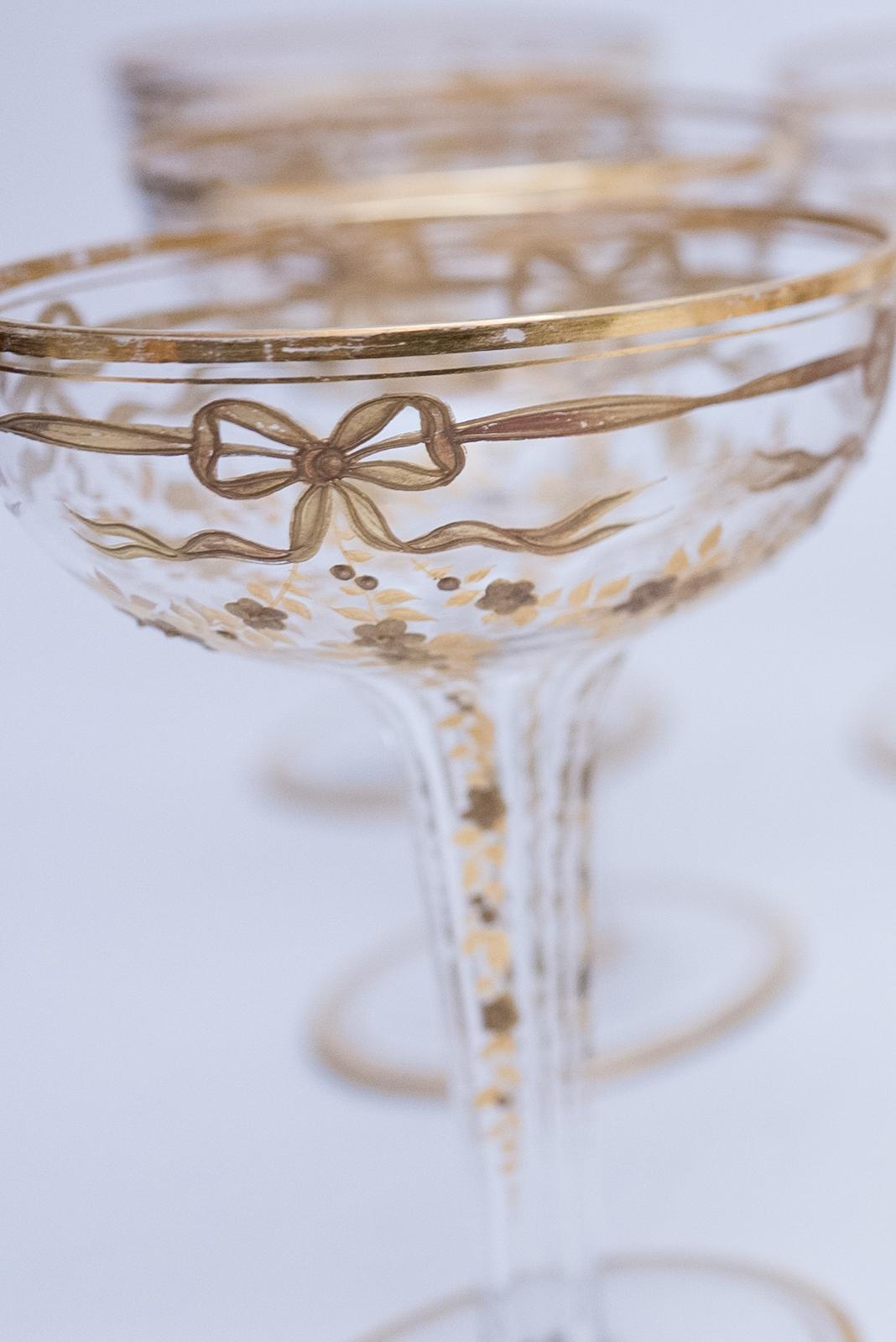 Hand-Crafted 12 Antique Hollow Stem Champagne Coupes, Raised Gilding Throughout, Cut Stem