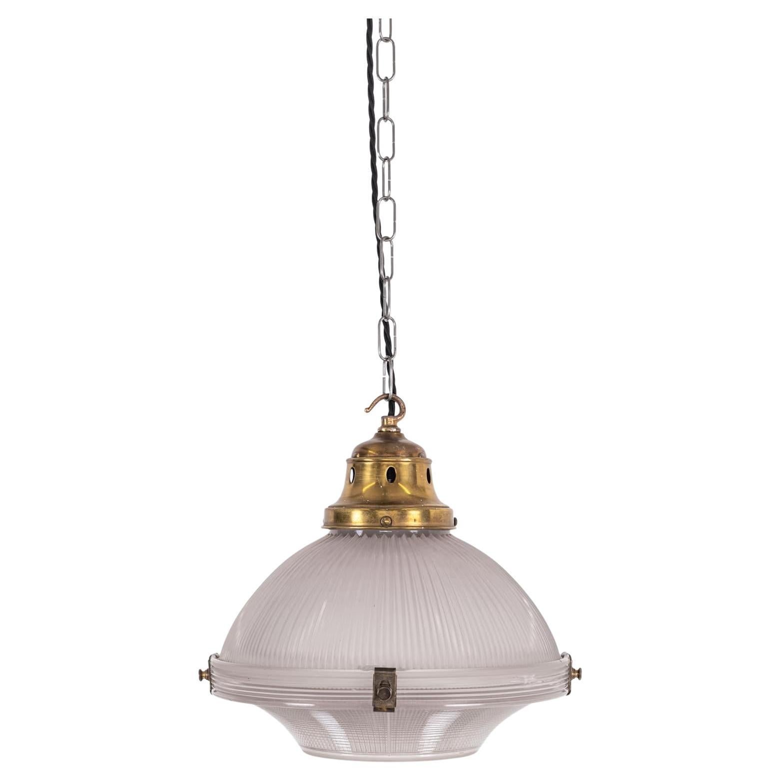 12" Antique Holophane 'Reflector-Refractor' Prismatic Glass Pendant Light. 1920 For Sale