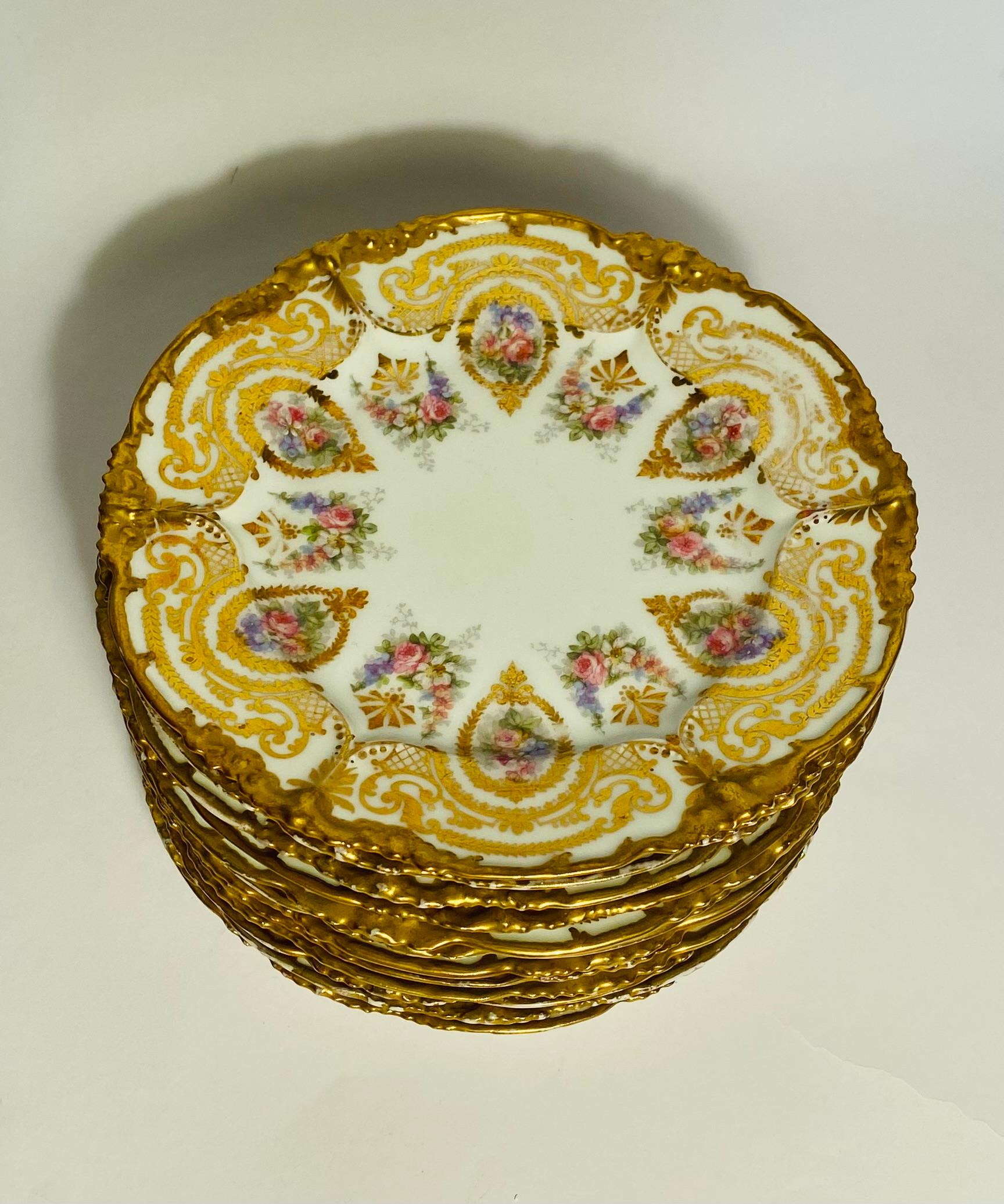 Late 19th Century 12 Antique Limoges Floral & Gilt Shaped Dessert Plates. Circa 1890 For Sale