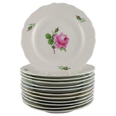 12 assiettes plates antiques Meissen en porcelaine peinte à la main avec roses roses