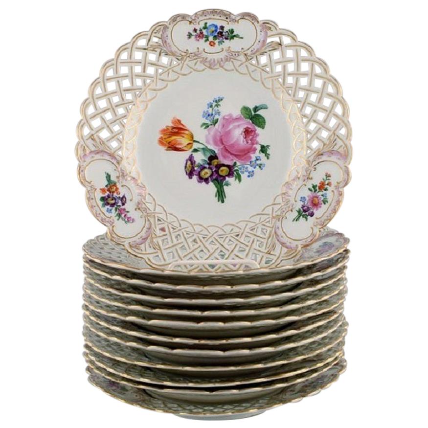 12 Antique Meissen Openwork Plates in Hand Painted Porcelain, circa 1900