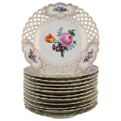 12 Antique Meissen Openwork Plates in Hand Painted Porcelain, circa 1900