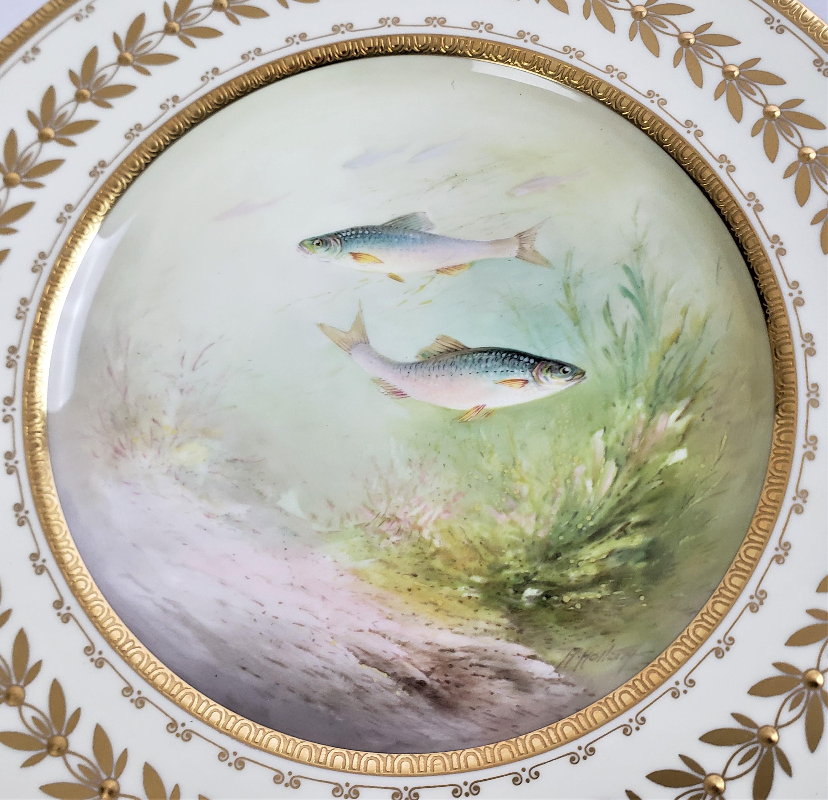 12 Antique Minton Hand-Painted Cabinet Plates Signed A. Holland Depicting Fish For Sale 3