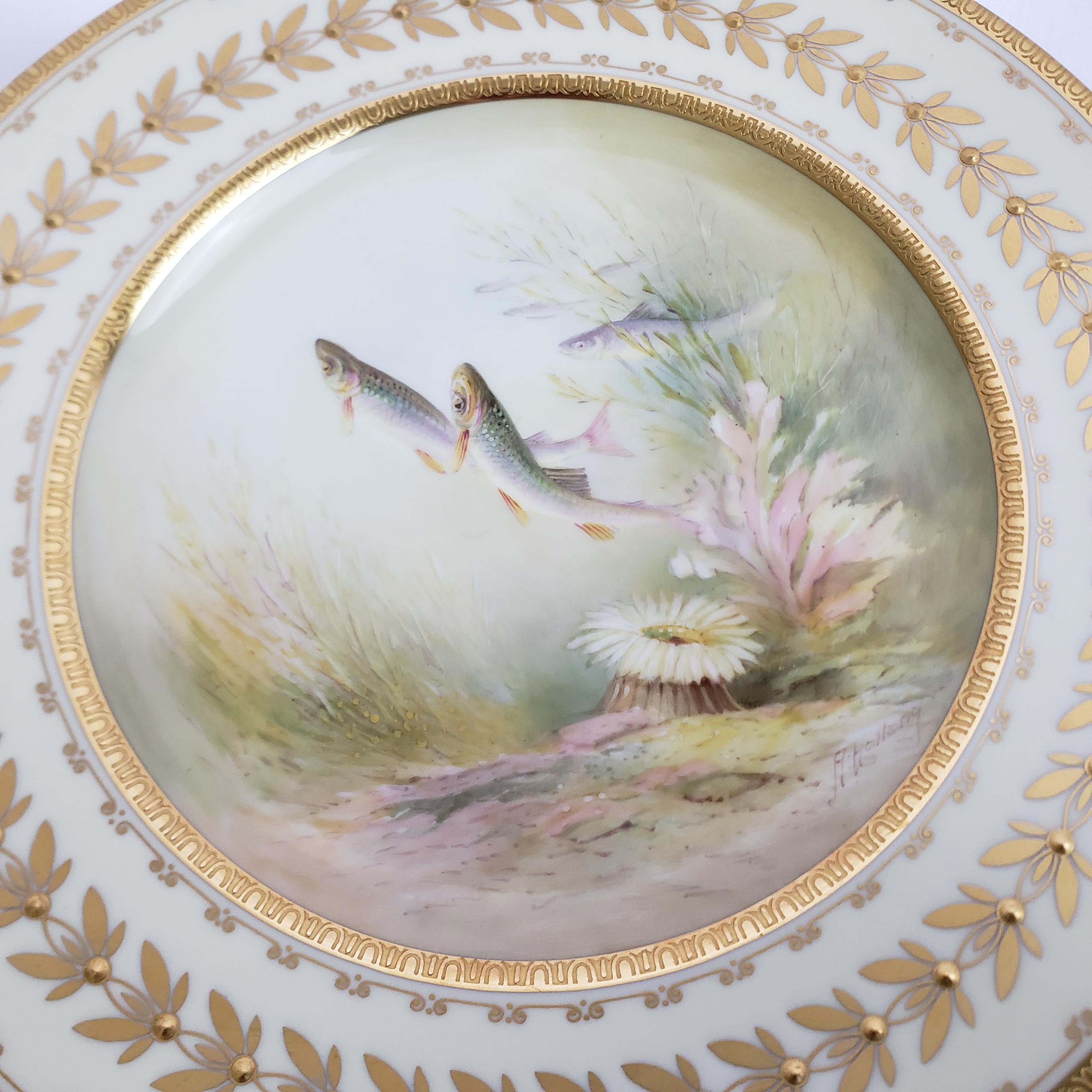 12 Antique Minton Hand-Painted Cabinet Plates Signed A. Holland Depicting Fish For Sale 6