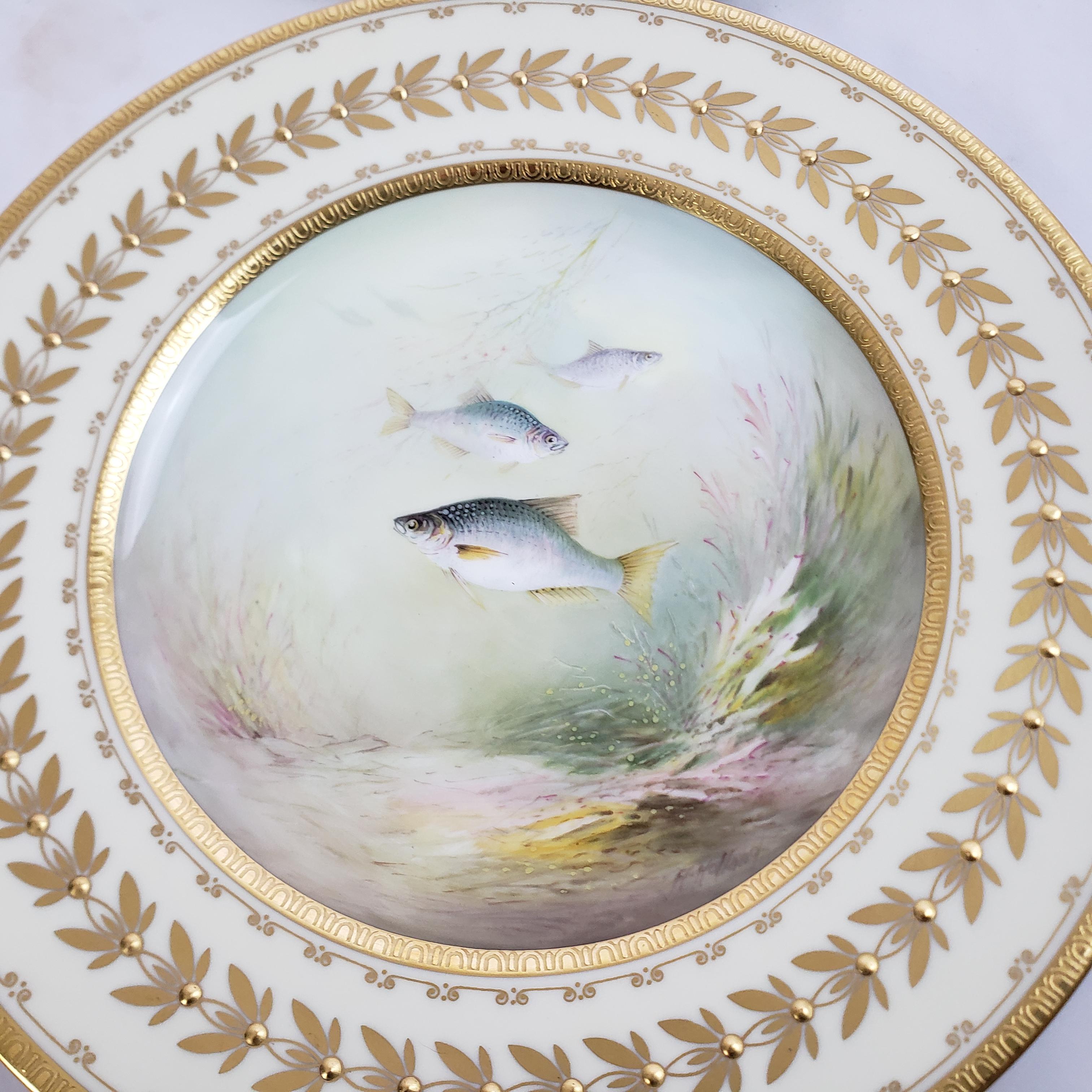 12 Antique Minton Hand-Painted Cabinet Plates Signed A. Holland Depicting Fish For Sale 7