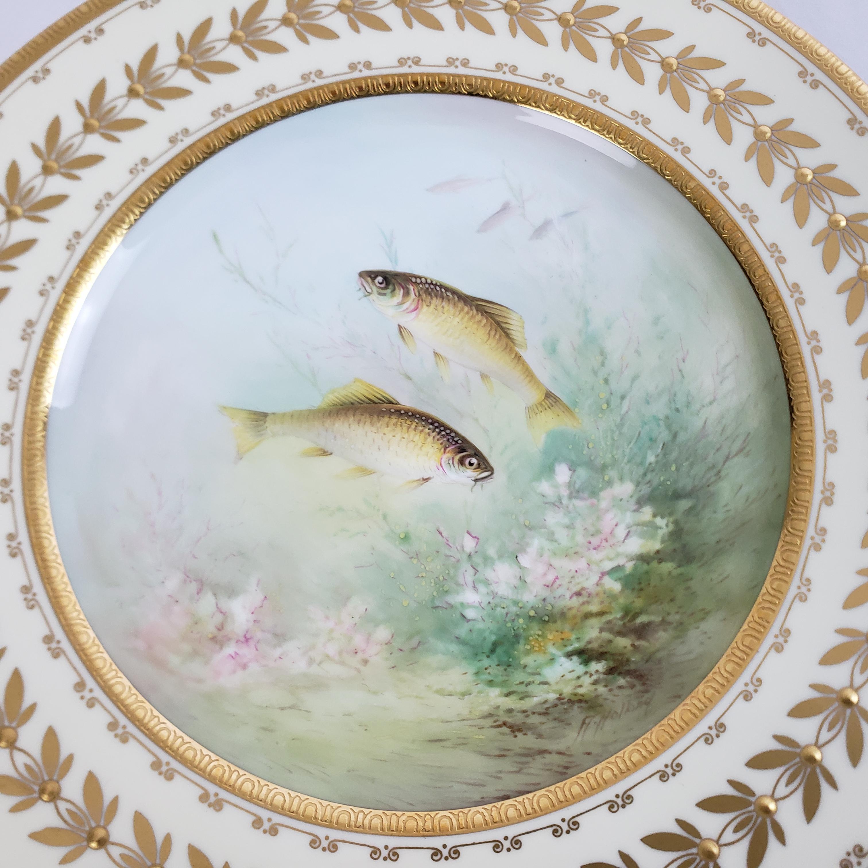 12 Antique Minton Hand-Painted Cabinet Plates Signed A. Holland Depicting Fish For Sale 8