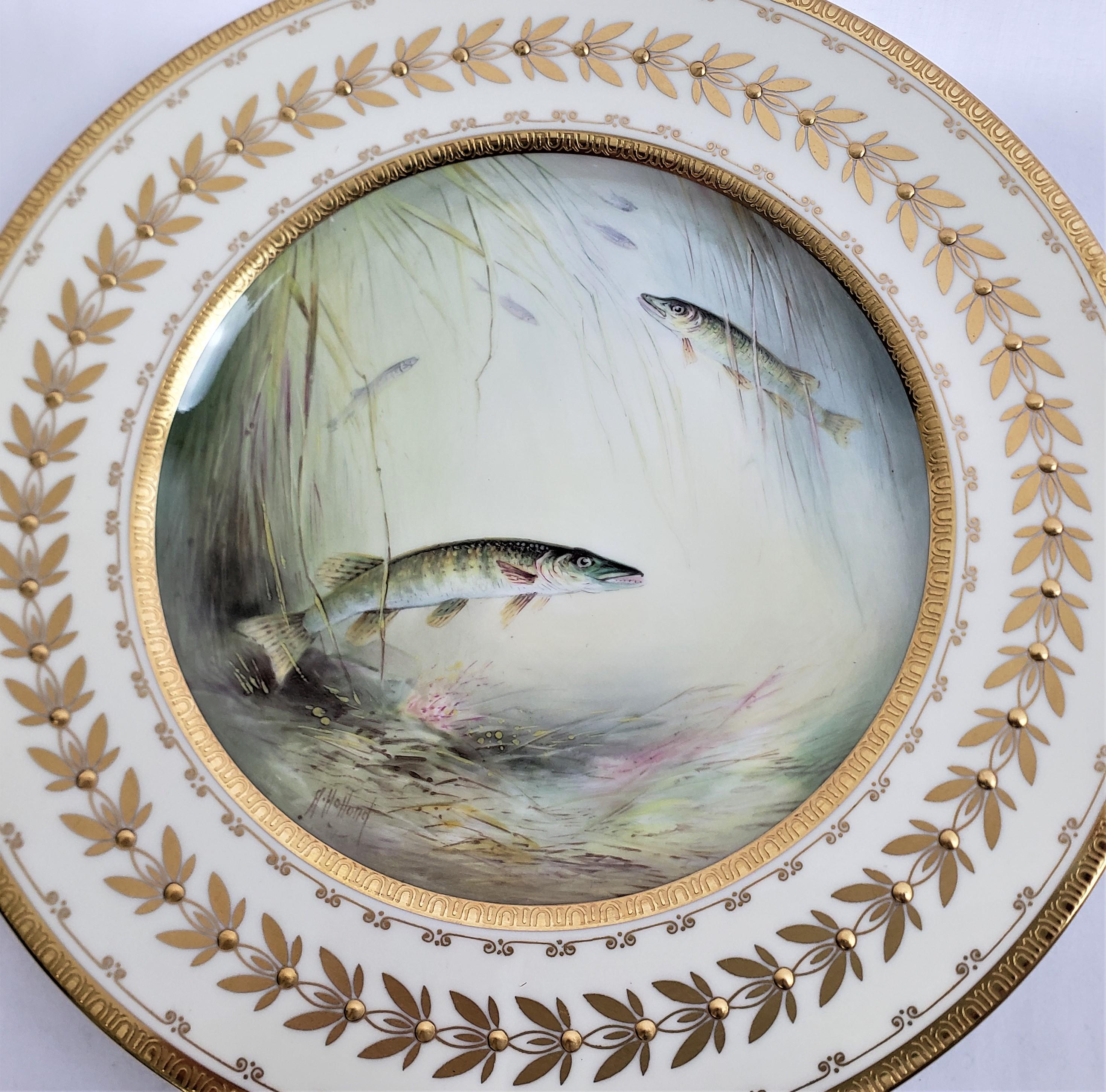 High Victorian 12 Antique Minton Hand-Painted Cabinet Plates Signed A. Holland Depicting Fish For Sale
