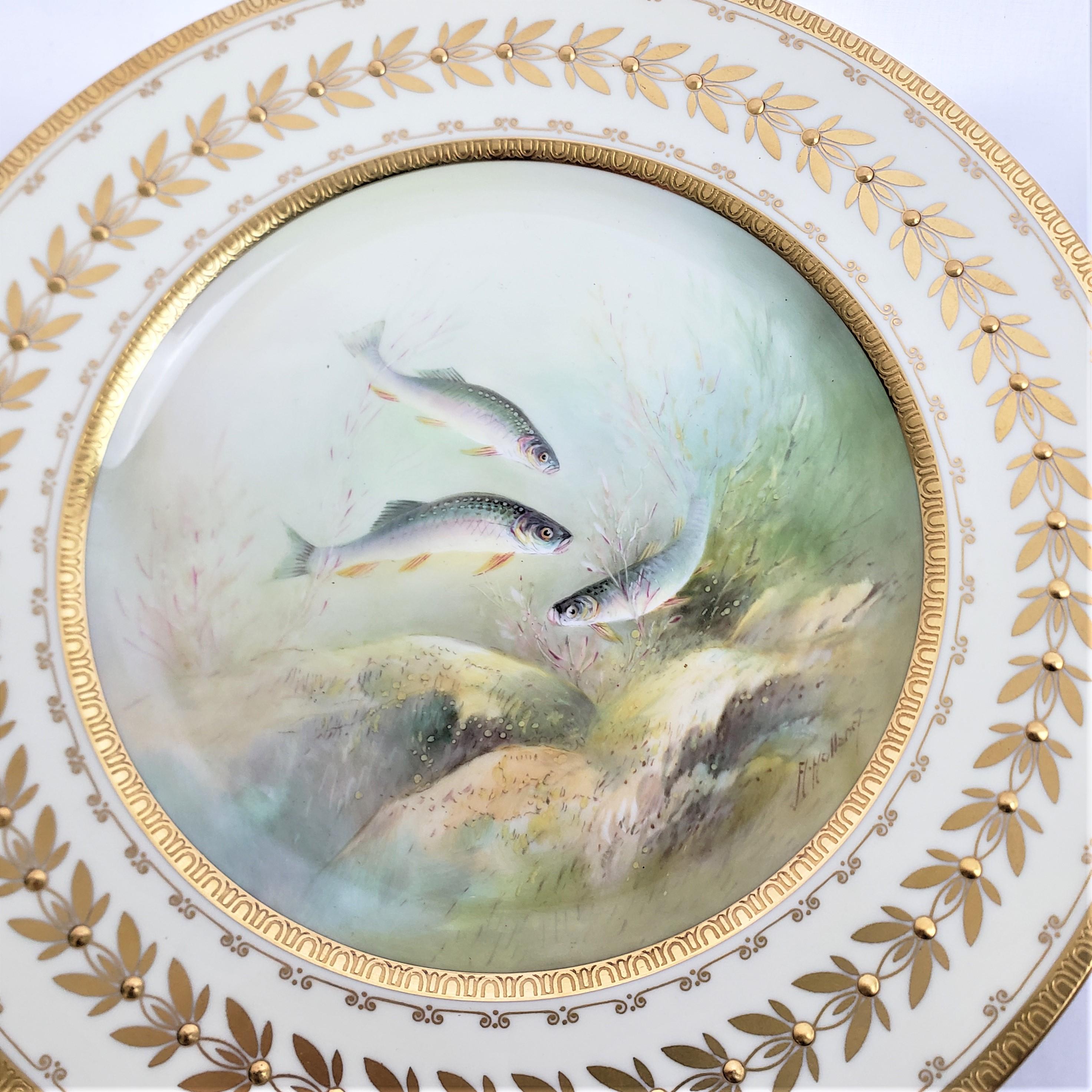 English 12 Antique Minton Hand-Painted Cabinet Plates Signed A. Holland Depicting Fish For Sale