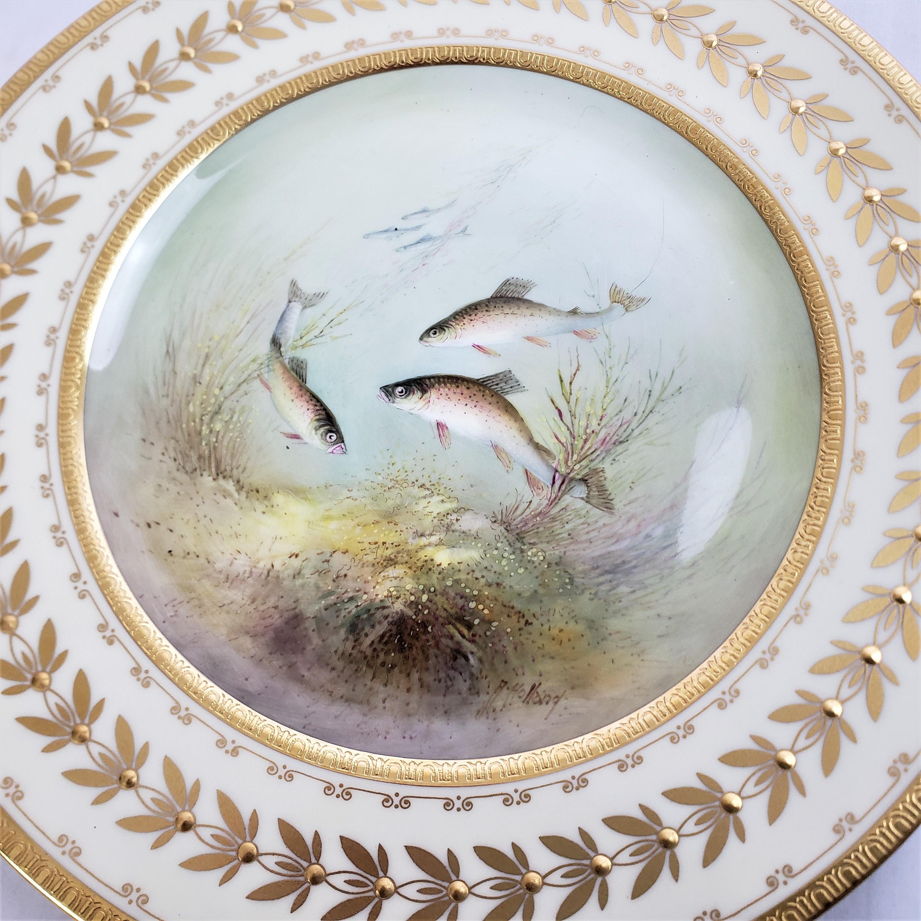 Gilt 12 Antique Minton Hand-Painted Cabinet Plates Signed A. Holland Depicting Fish For Sale