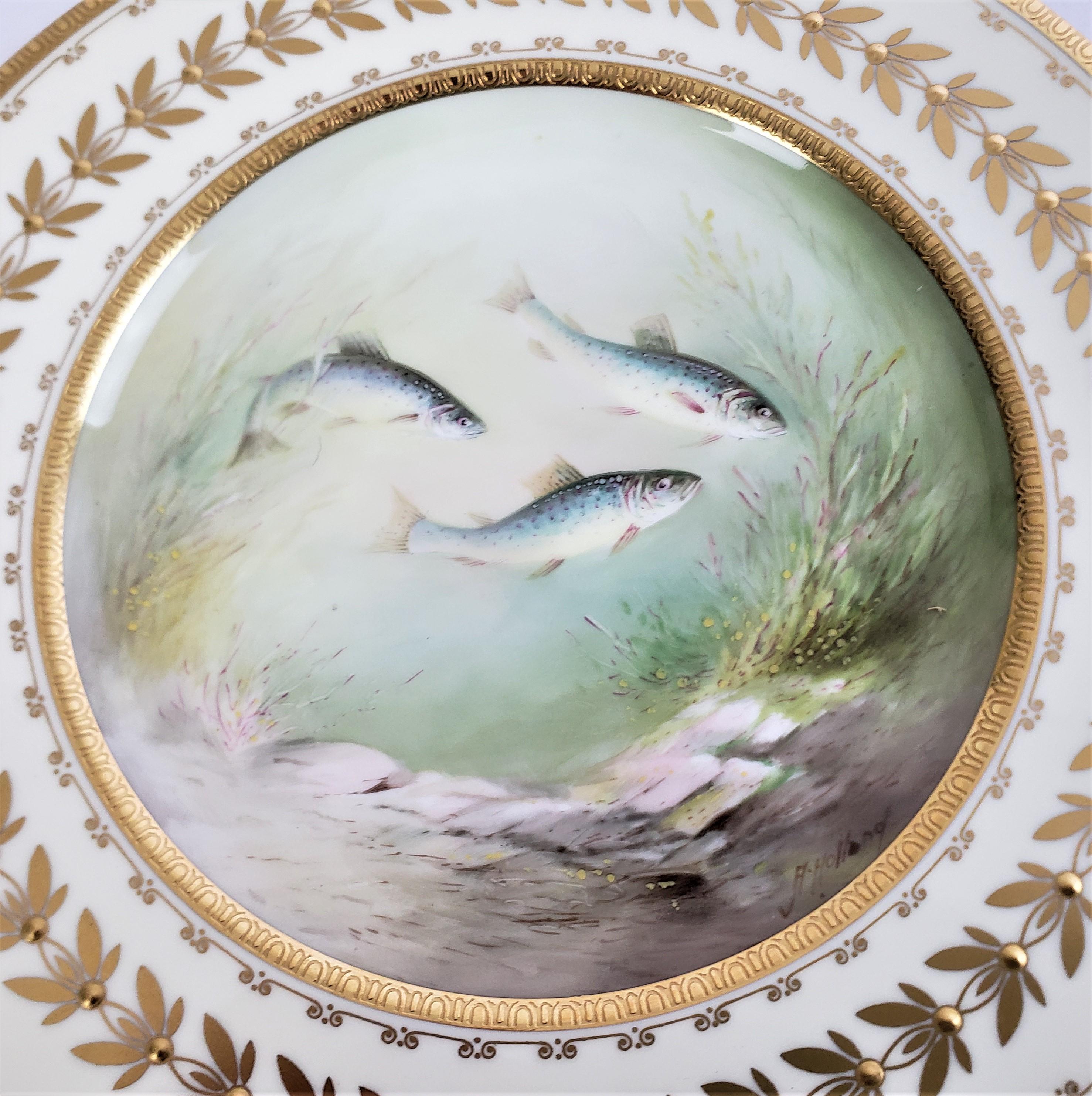 12 Antique Minton Hand-Painted Cabinet Plates Signed A. Holland Depicting Fish In Good Condition For Sale In Hamilton, Ontario