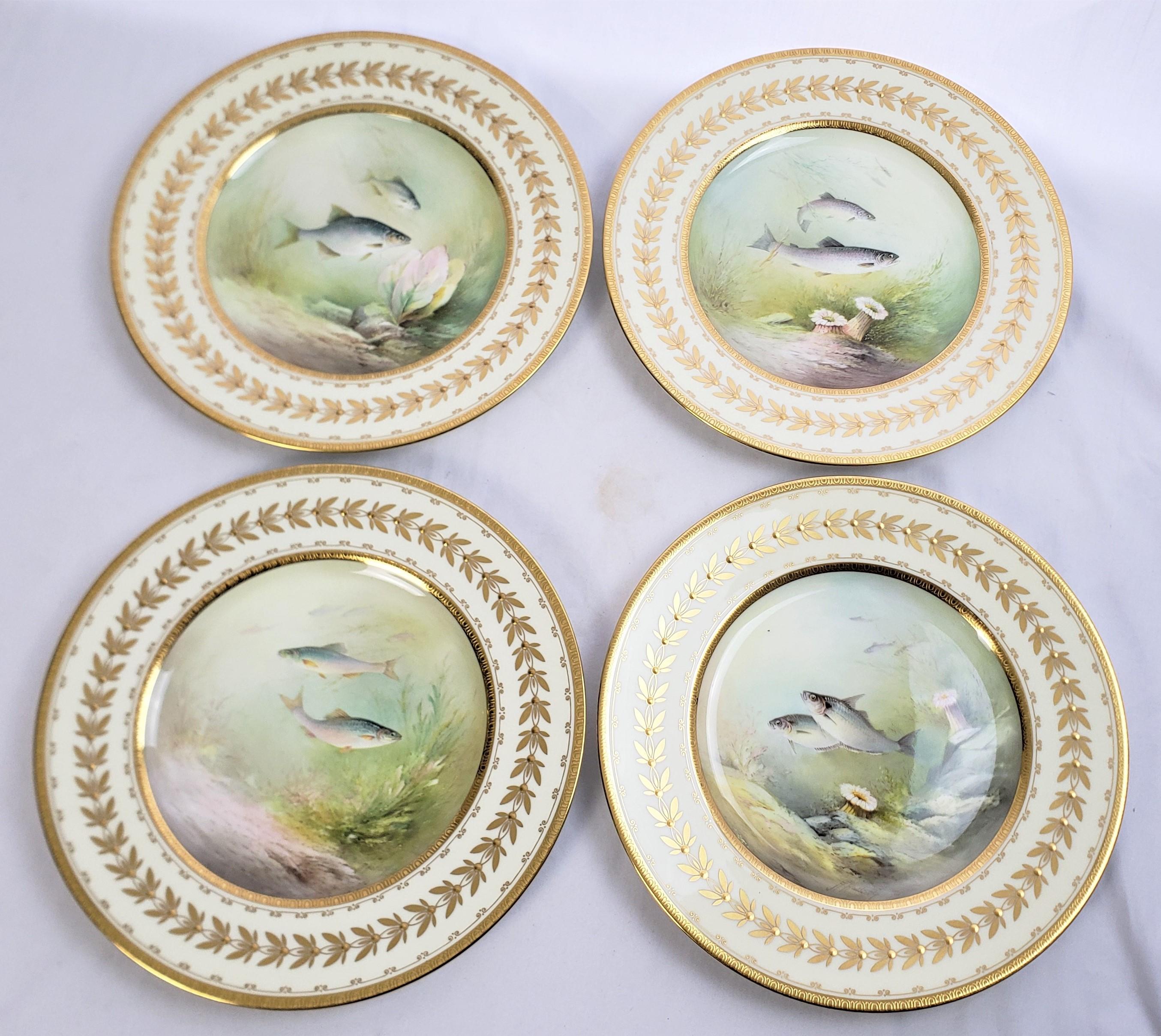 20th Century 12 Antique Minton Hand-Painted Cabinet Plates Signed A. Holland Depicting Fish For Sale