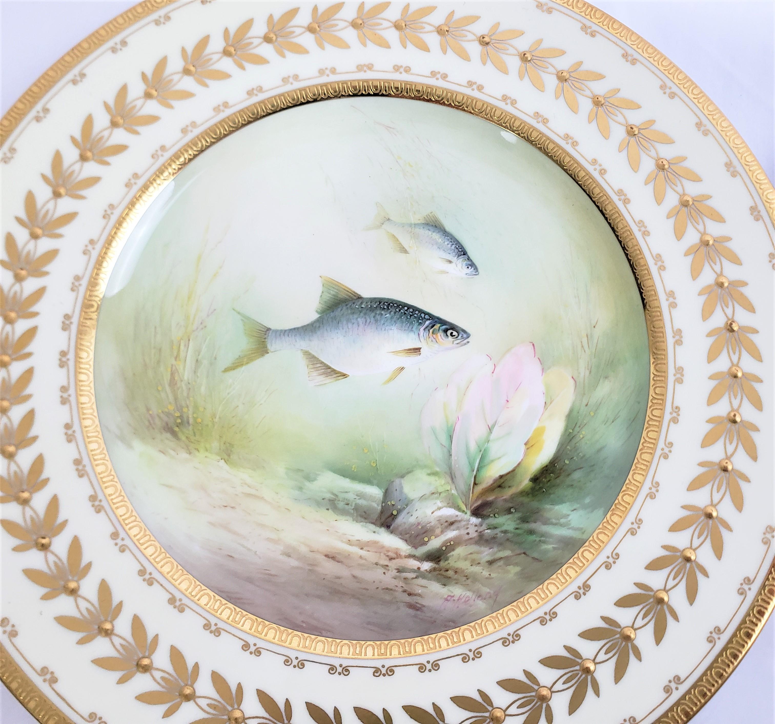 Porcelain 12 Antique Minton Hand-Painted Cabinet Plates Signed A. Holland Depicting Fish For Sale
