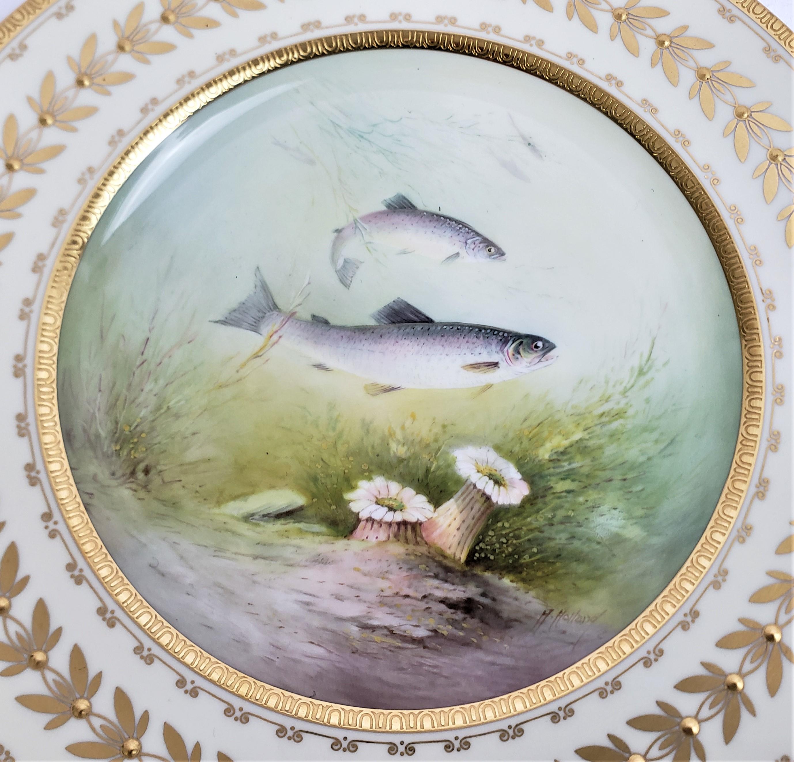 12 Antique Minton Hand-Painted Cabinet Plates Signed A. Holland Depicting Fish For Sale 1