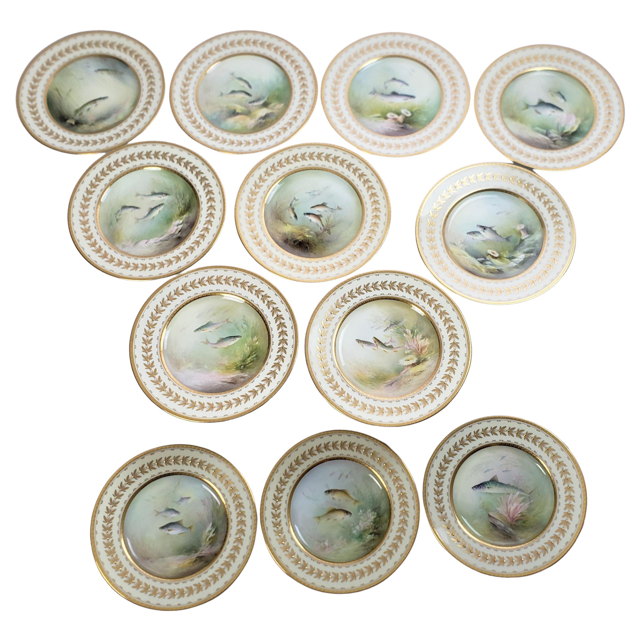 12 Antique Minton Hand-Painted Cabinet Plates Signed A. Holland Depicting Fish