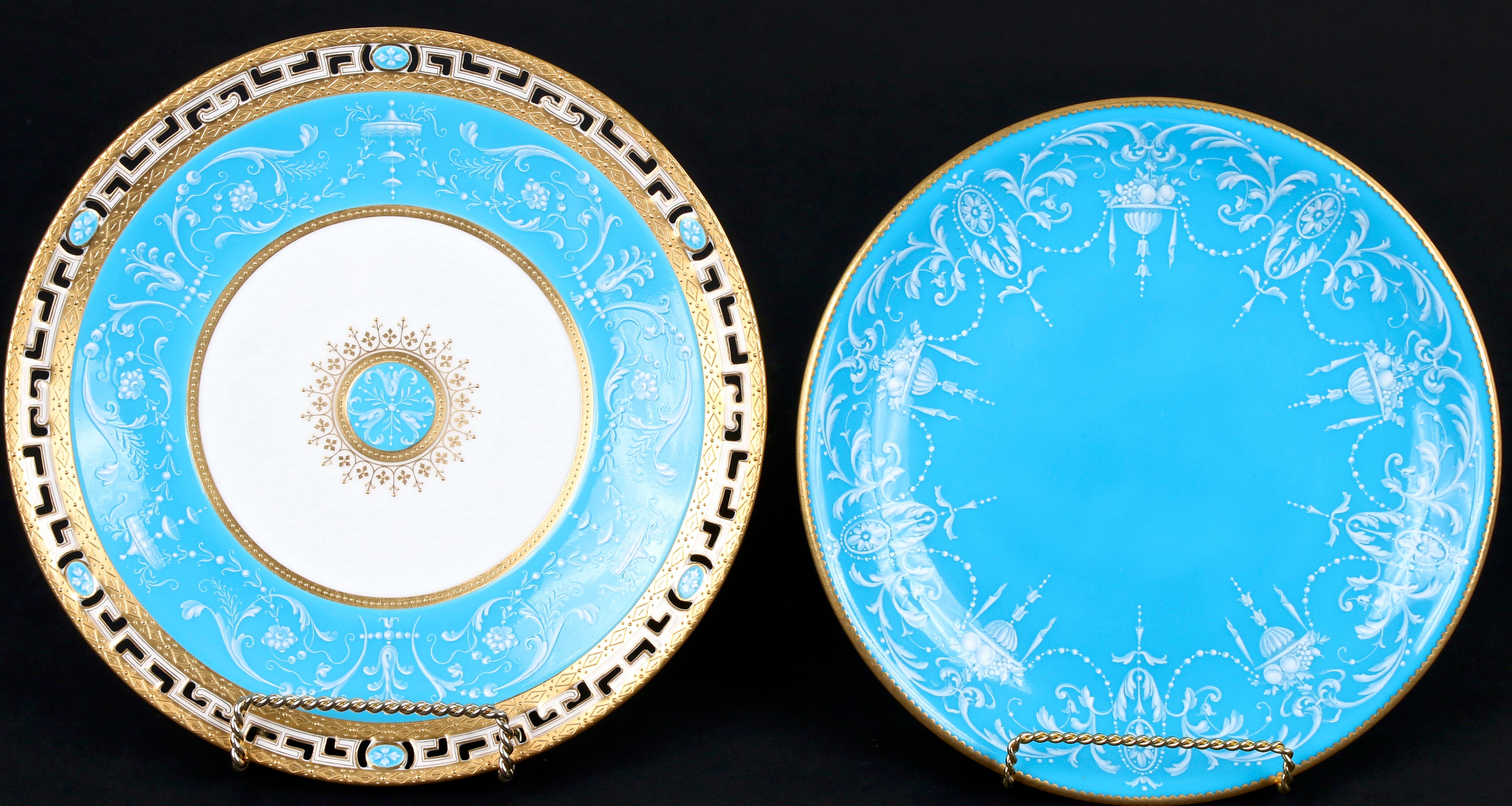 Porcelain 12 Antique Minton Pate-Sur-Pate Bleu Celeste Plates For Sale