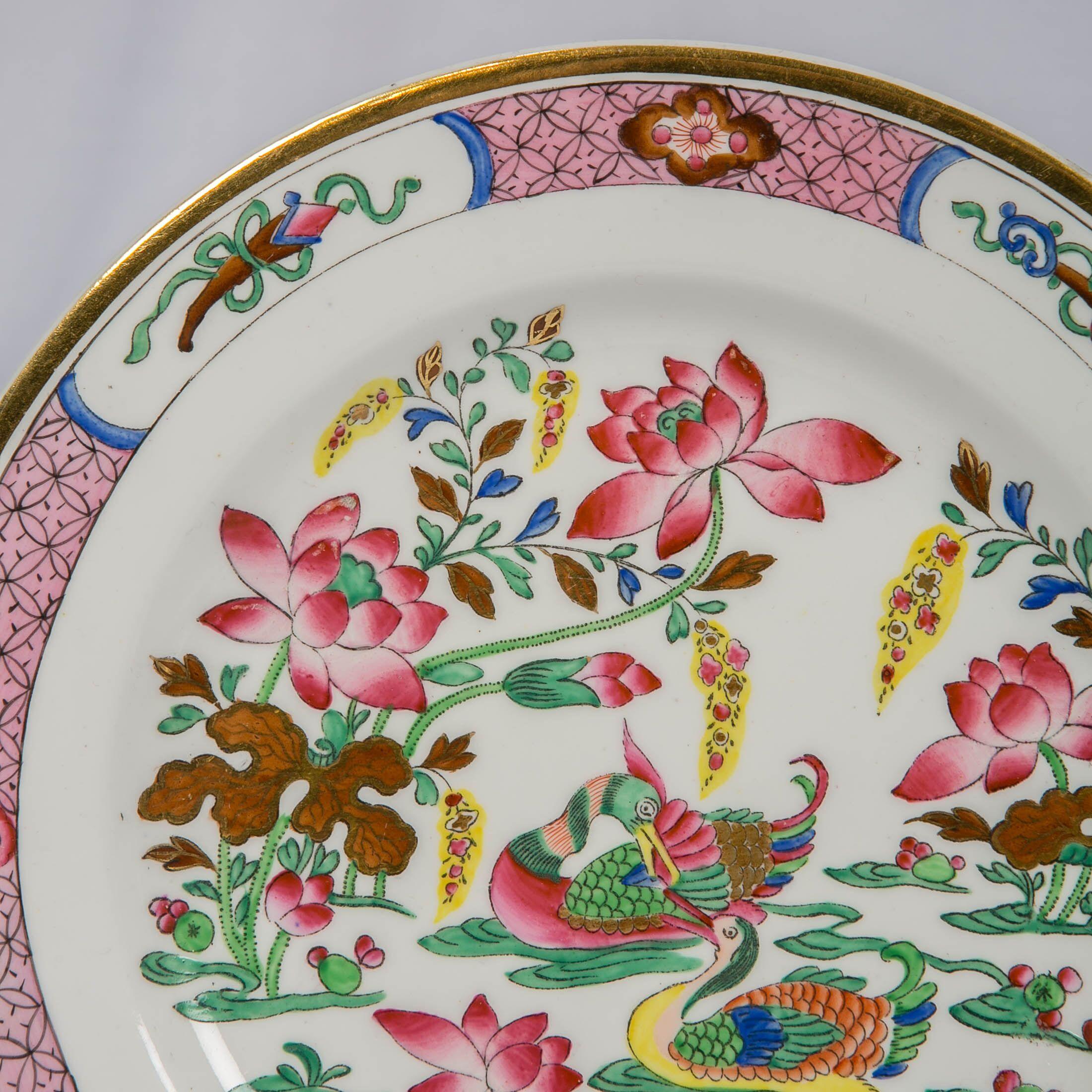 English 12 Antique Pink Porcelain Hand-Painted Plates Made in England, circa 1820