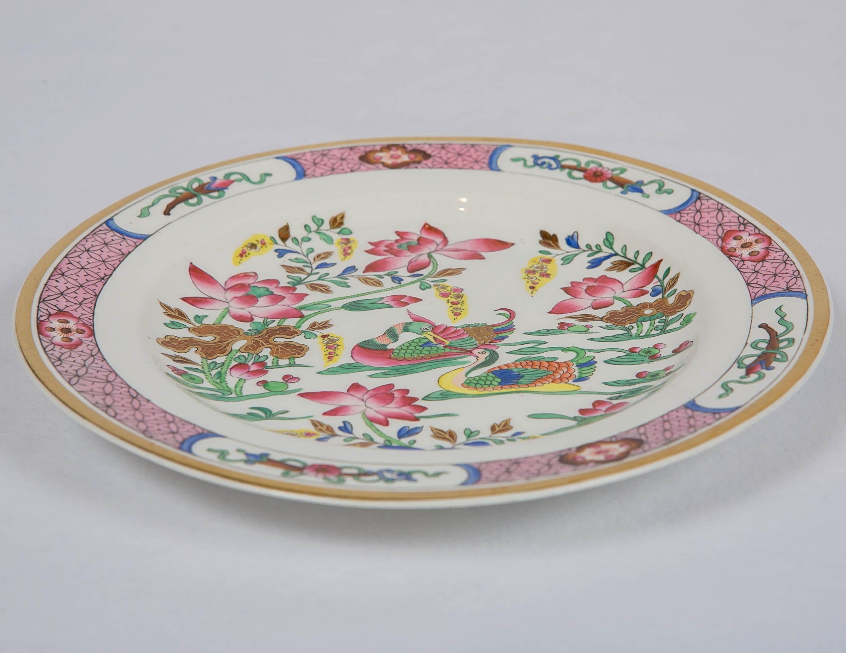 Enameled 12 Antique Pink Porcelain Hand-Painted Plates Made in England, circa 1820