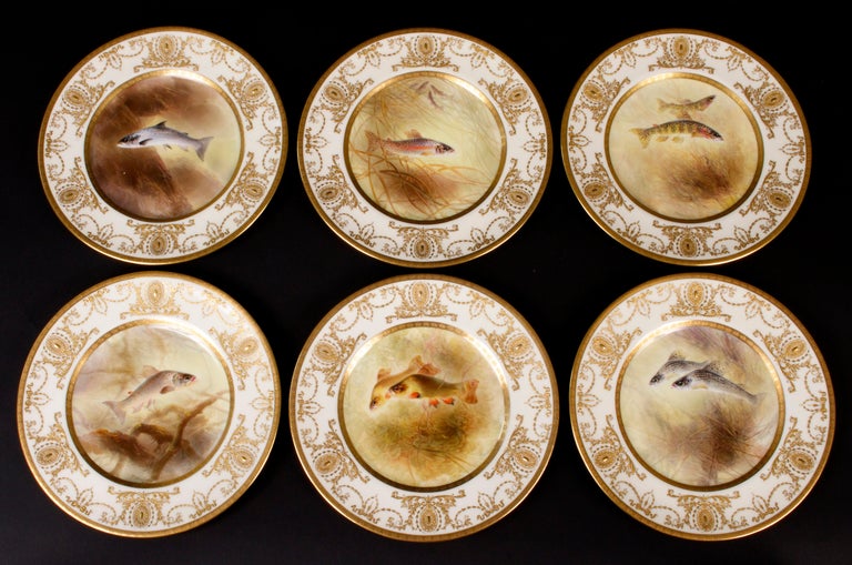 12 Antique Royal Doulton Hand Painted Fish Plates For Sale at 1stDibs