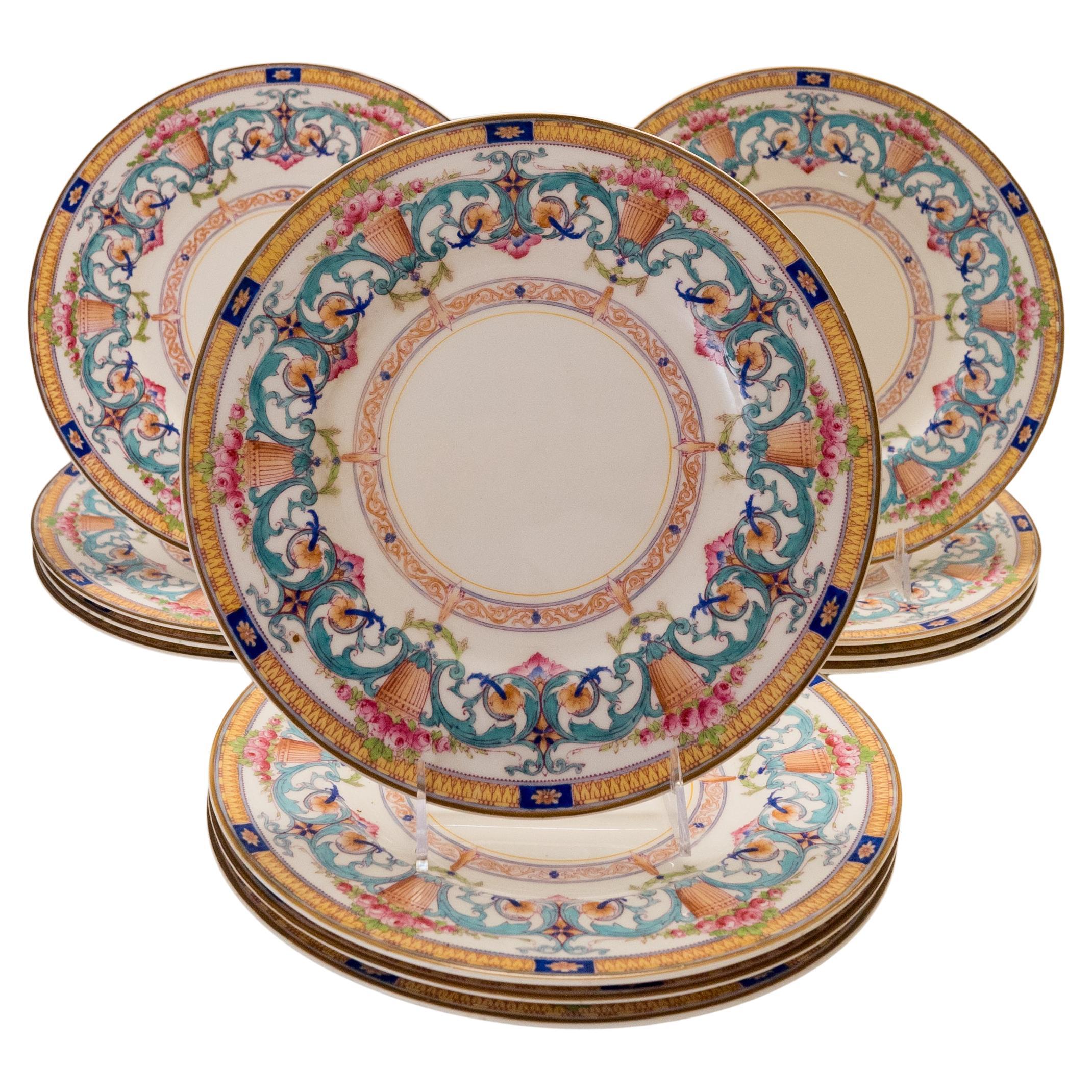 12 Antique Royal Worcester England Hand Enameled Dinner Plates, Circa 1910