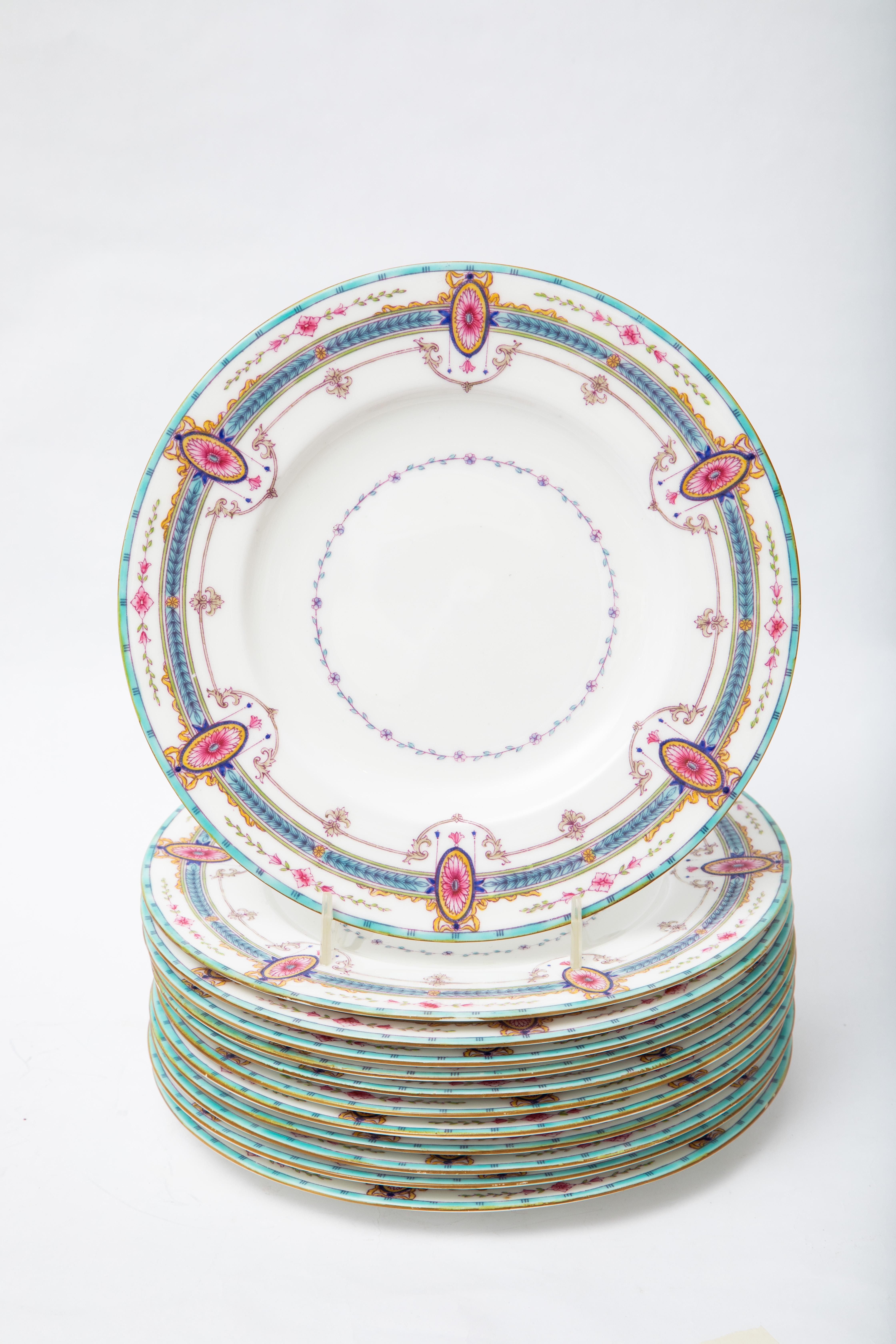 Art Nouveau 12 Antique Royal Worcester Turquoise & Pink Dessert or First Course Plates