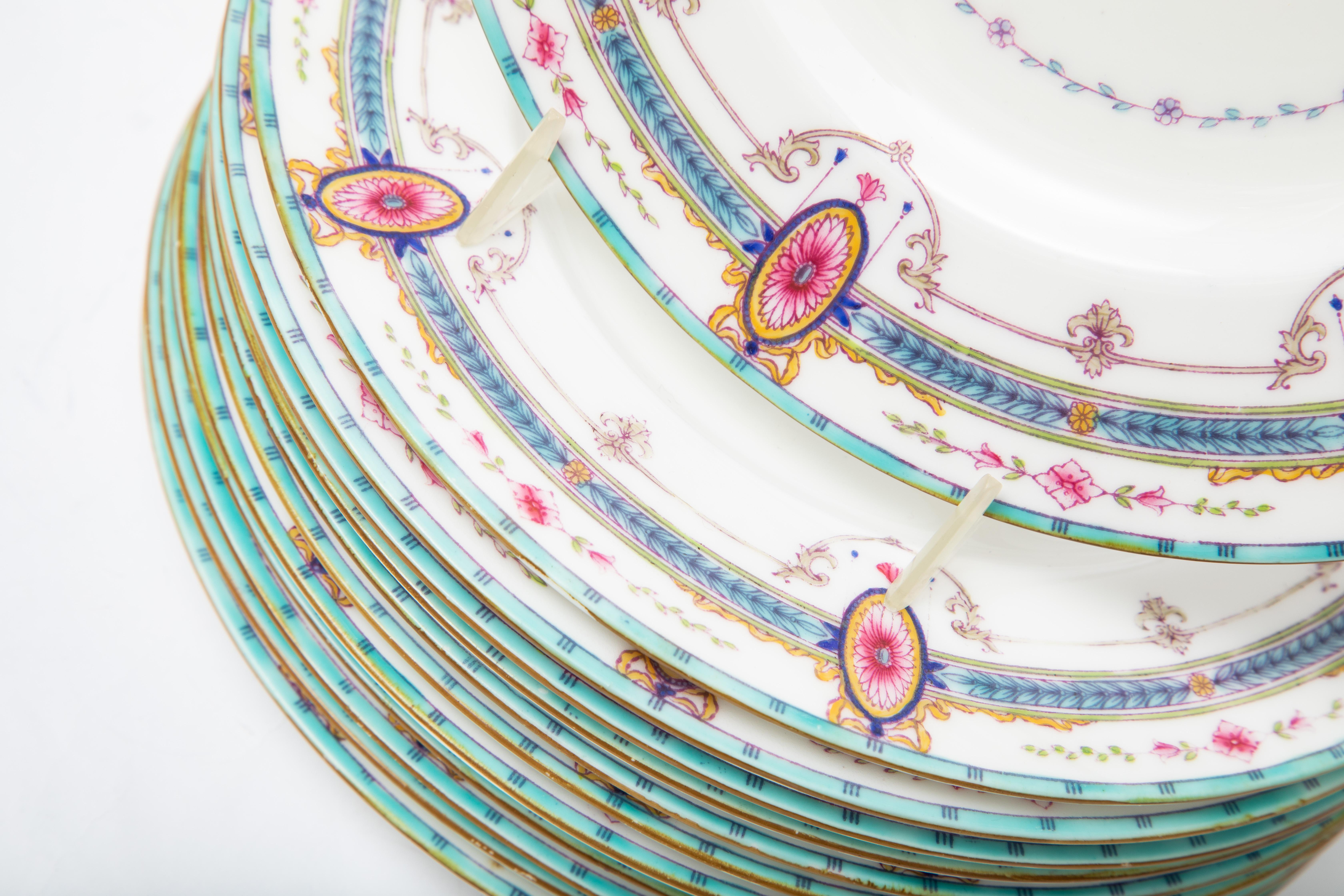 British 12 Antique Royal Worcester Turquoise & Pink Dessert or First Course Plates