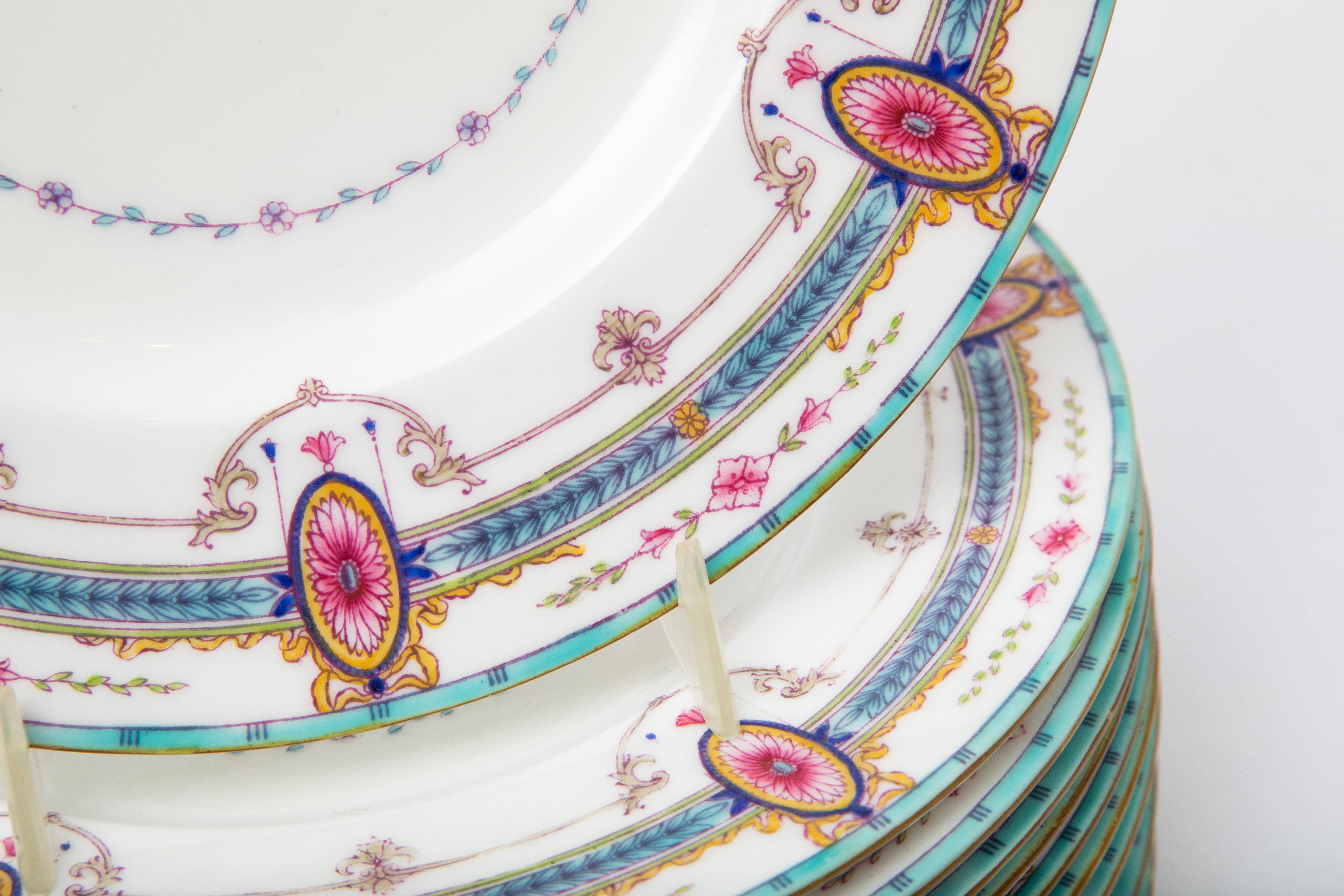 Hand-Crafted 12 Antique Royal Worcester Turquoise & Pink Dessert or First Course Plates