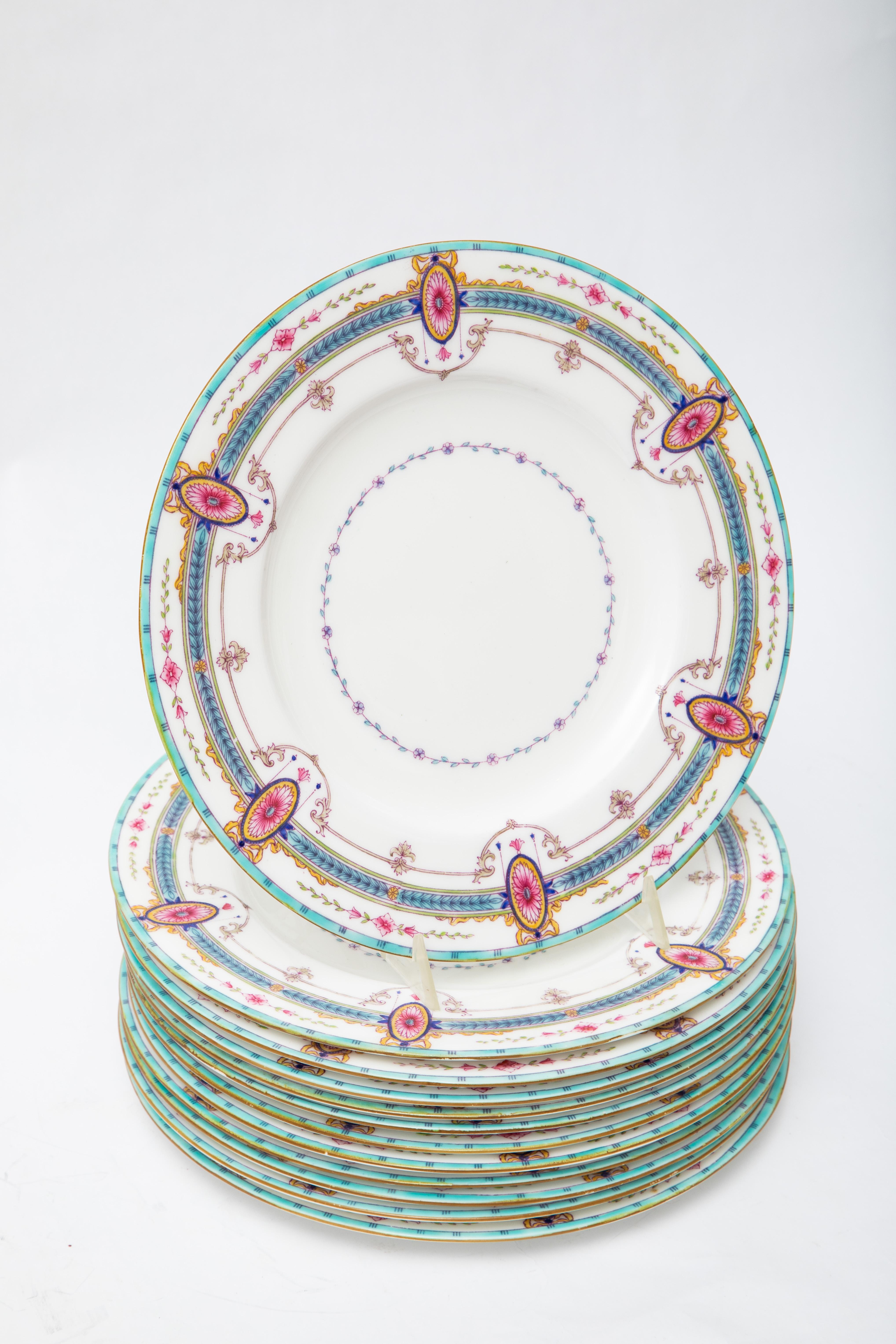 Early 20th Century 12 Antique Royal Worcester Turquoise & Pink Dessert or First Course Plates