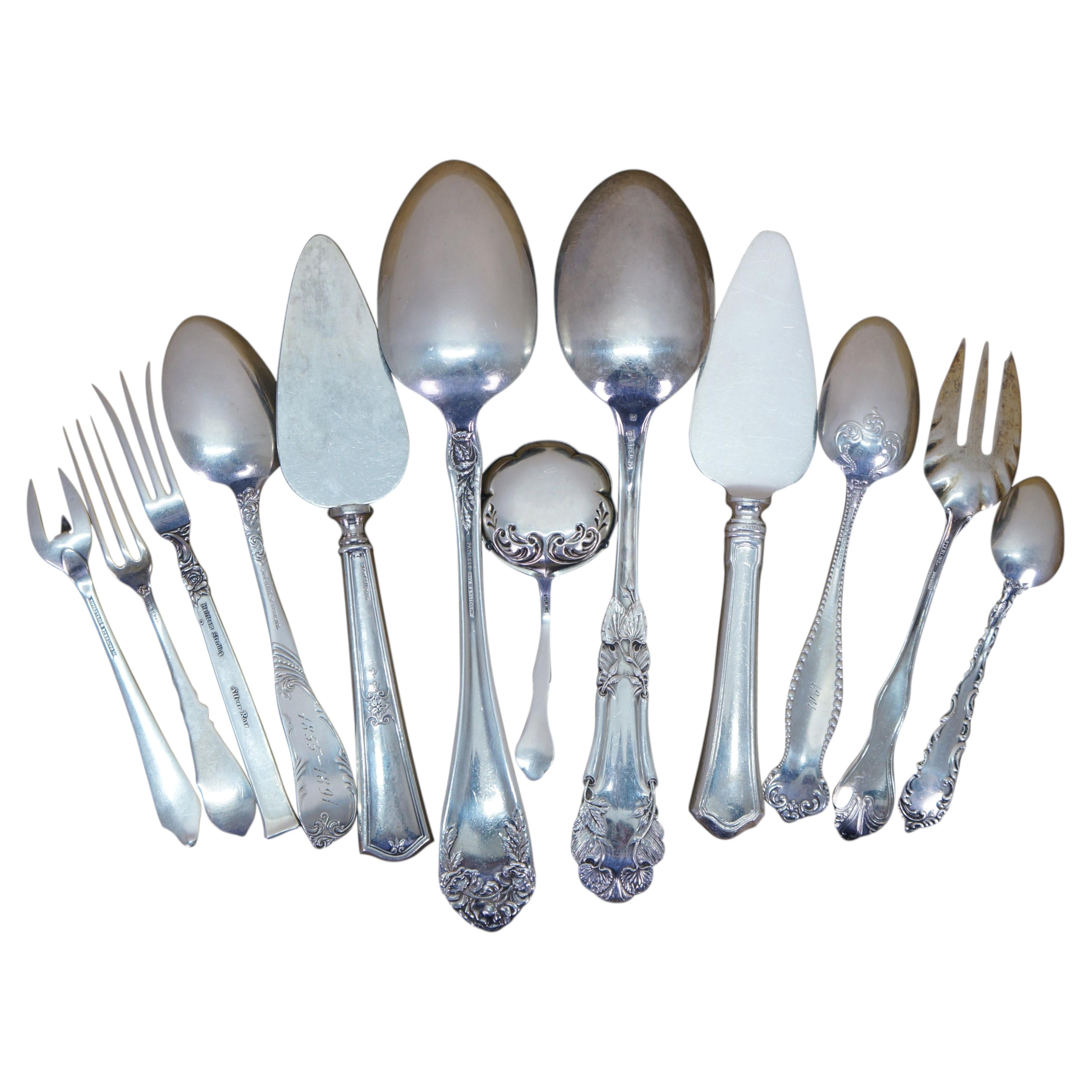12 Antique Sterling Silver 925 Serving Utensils Forks Spoons Cake Servers