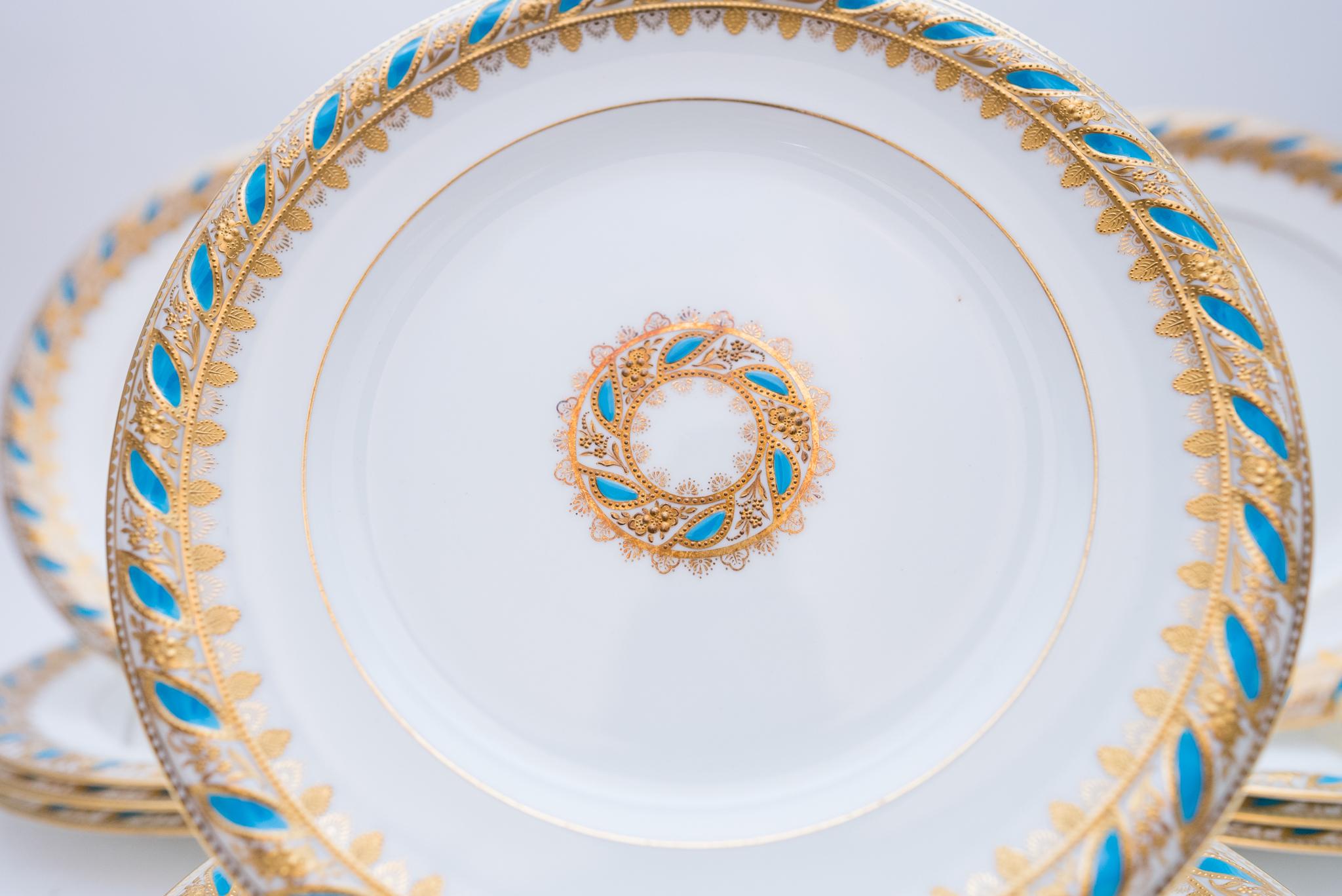 British 12 Antique Tiffany Turquoise & Gilt Encrusted Dinner Plates, Circa 1890