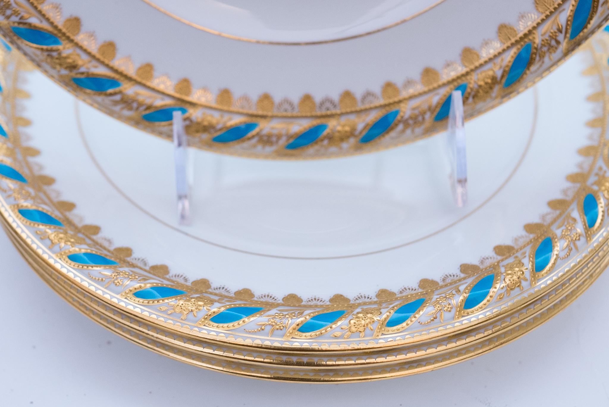 Hand-Crafted 12 Antique Tiffany Turquoise & Gilt Encrusted Dinner Plates, Circa 1890