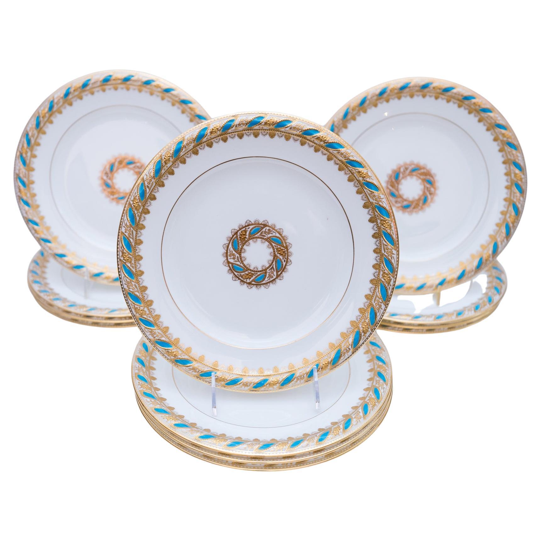 12 Antique Tiffany Turquoise & Gilt Encrusted Dinner Plates, Circa 1890