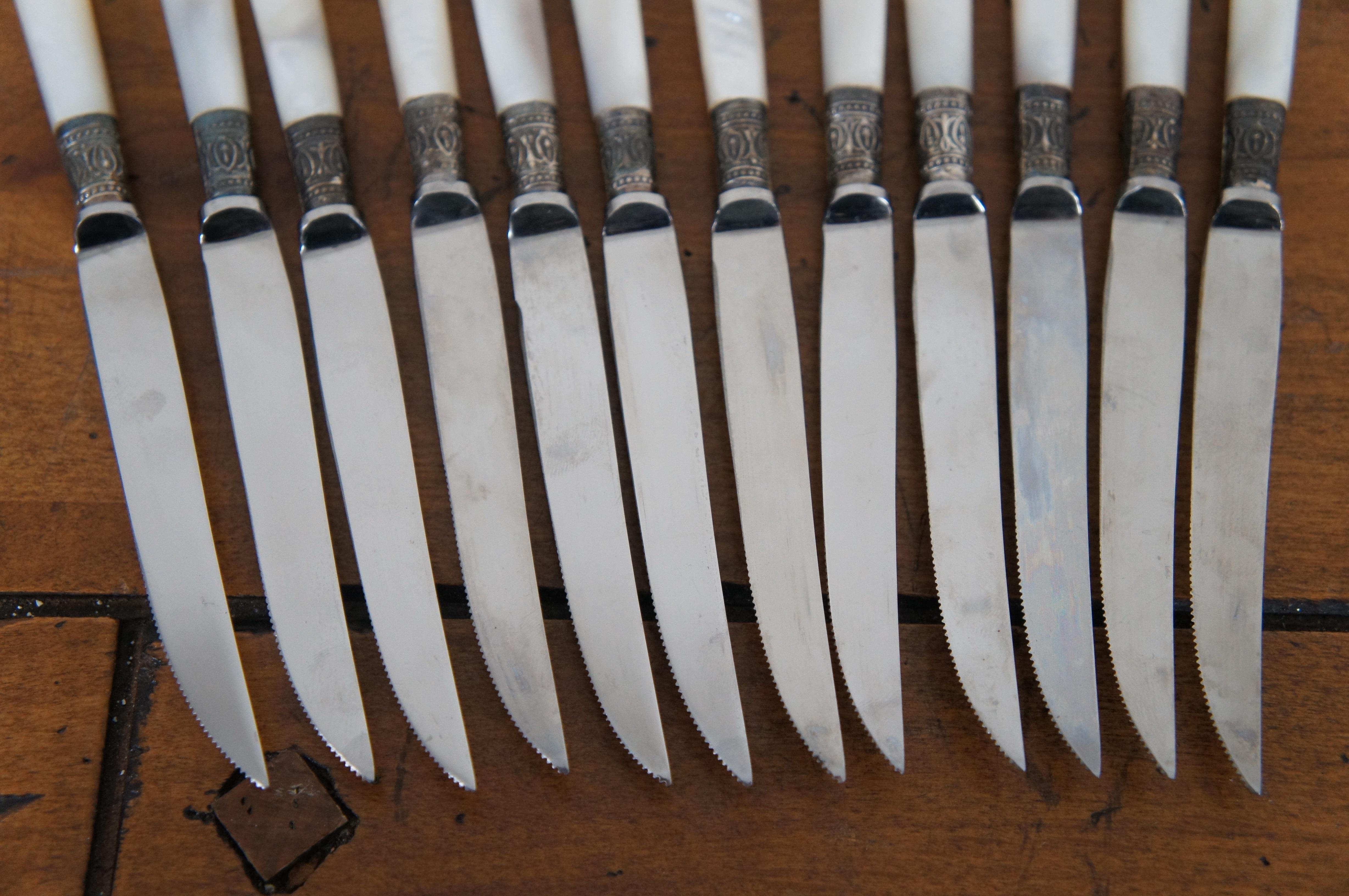 12 antike William Adams Sterling Perlmutt-Obstmesser Messer & Schachtel 7