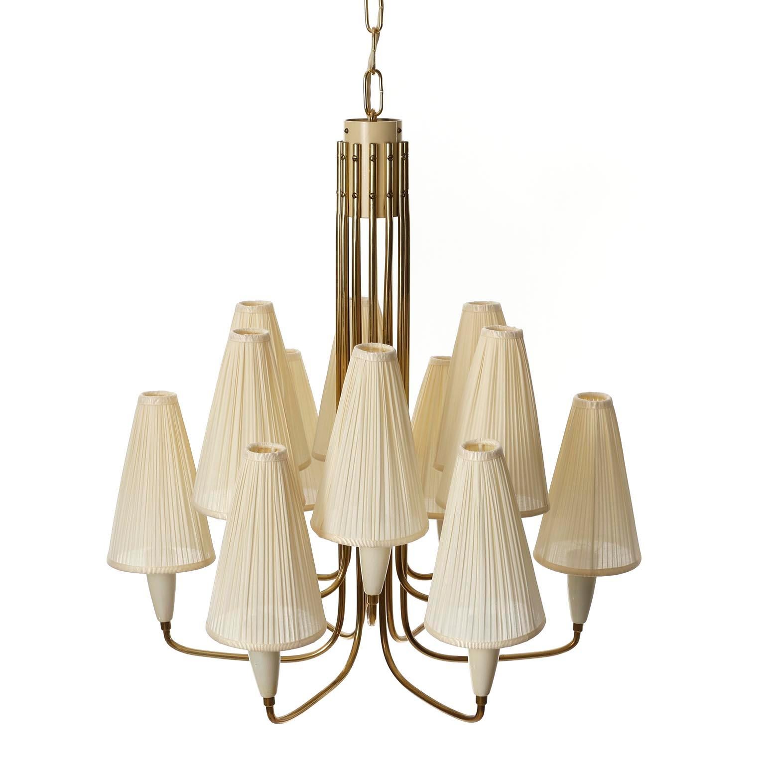 Mid-Century Modern 12-Arm Chandelier Pendant Light, Brass Cream Fabric Shades, Rupert Nikoll, 1960s For Sale
