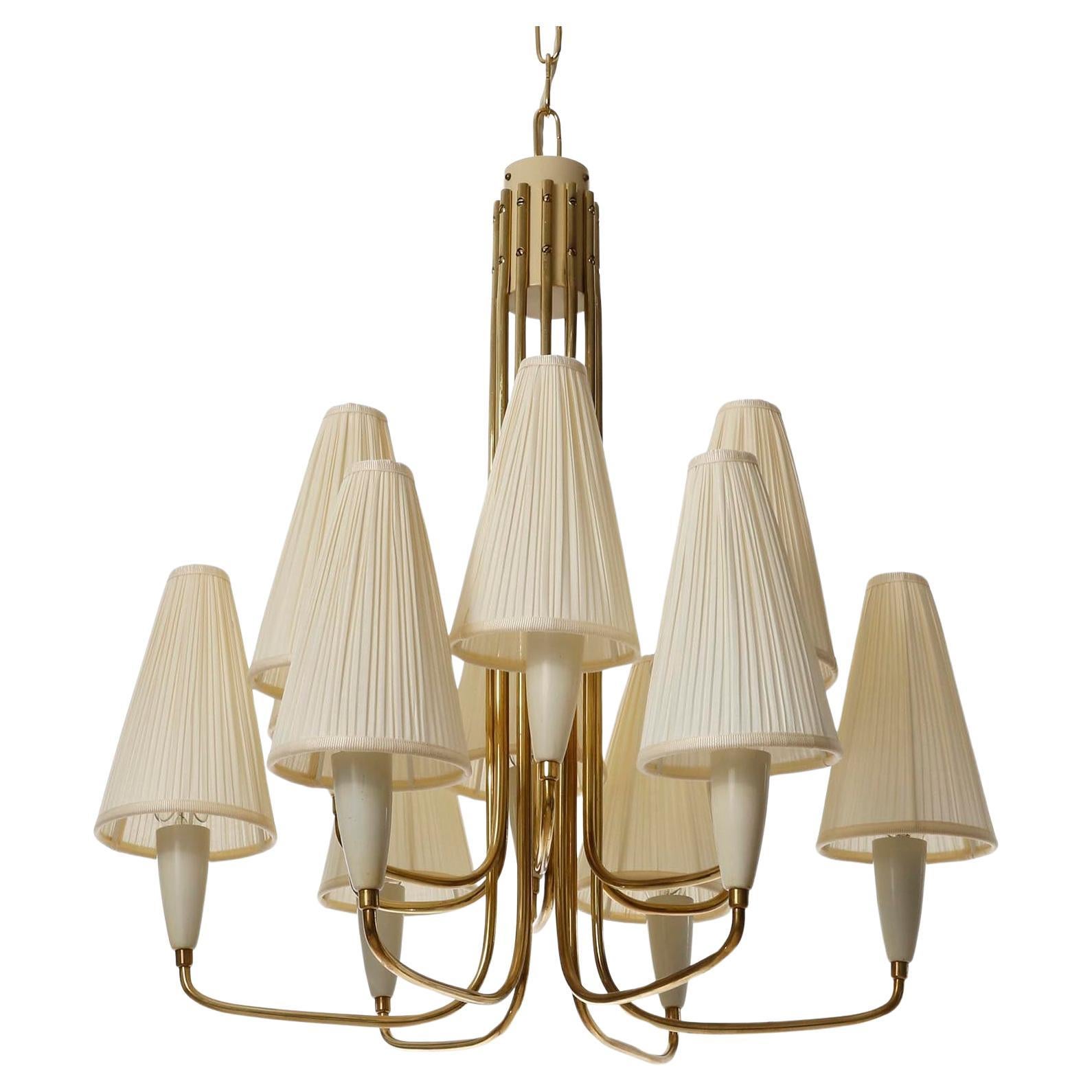 Patinated 12-Arm Chandelier Pendant Light, Brass Cream Fabric Shades, Rupert Nikoll, 1960s For Sale
