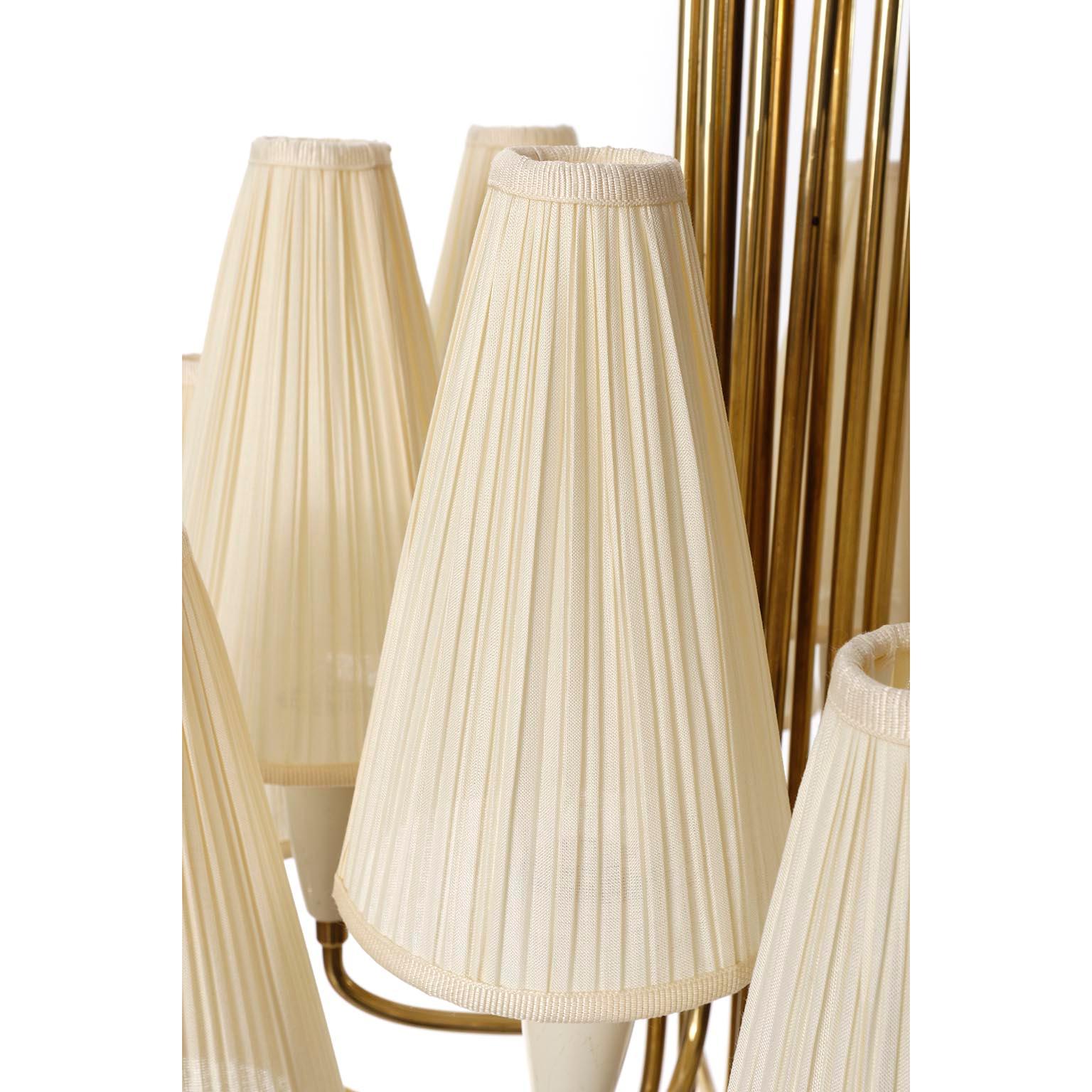 Mid-20th Century 12-Arm Chandelier Pendant Light, Brass Cream Fabric Shades, Rupert Nikoll, 1960s For Sale